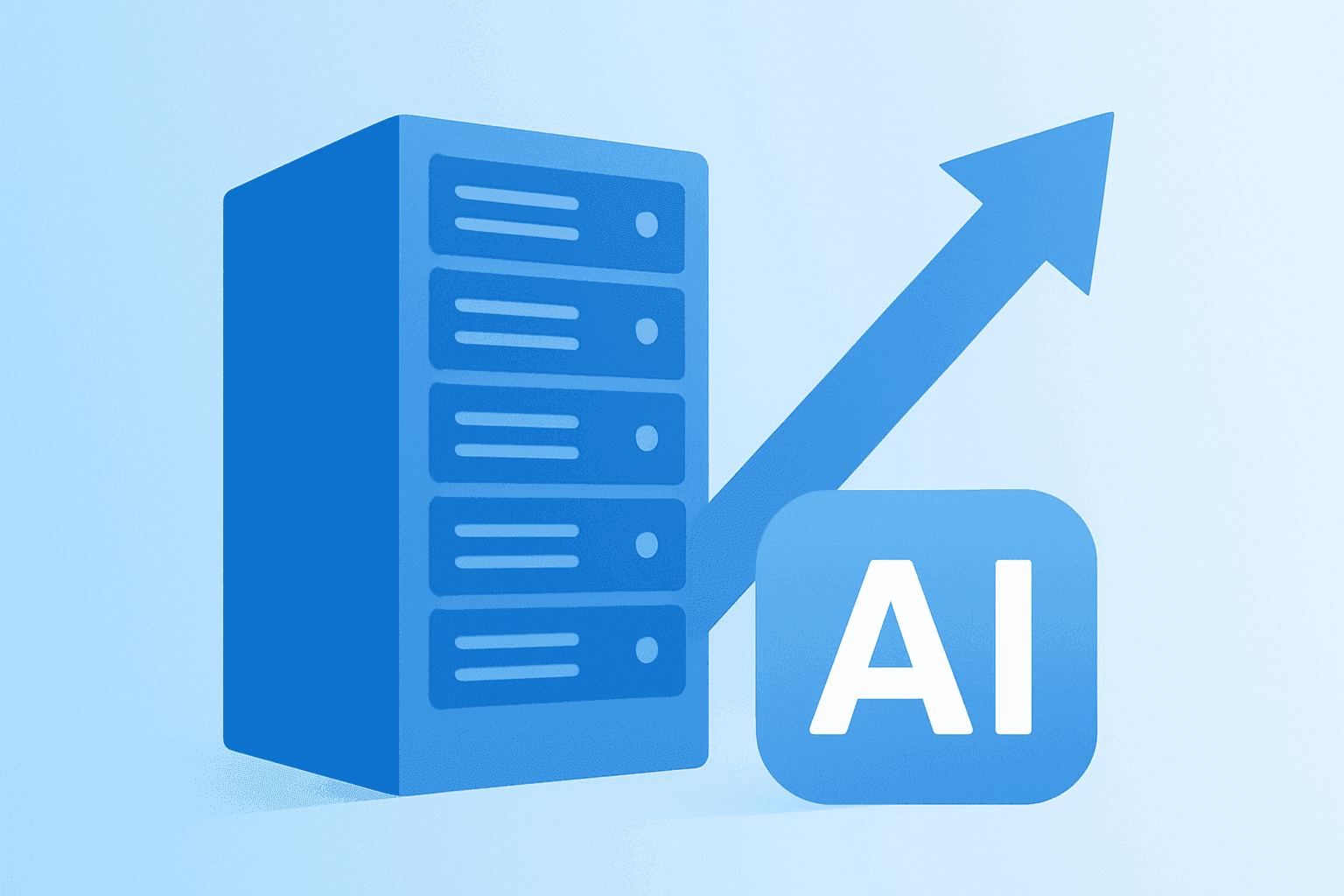 AI server rack with expanding core on a cobalt-silver gradient, symbolizing Palantir stock AIP-driven growth.
