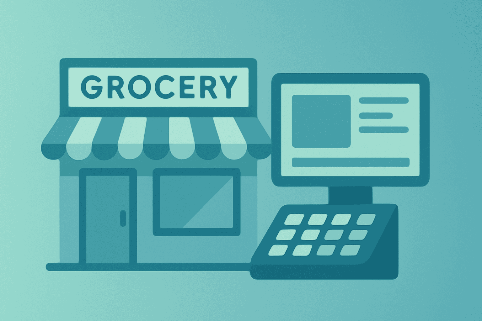 Flat vector grocery facade fused with an operations console to symbolize Kroger Names Greg Foran CEO and operational focus.