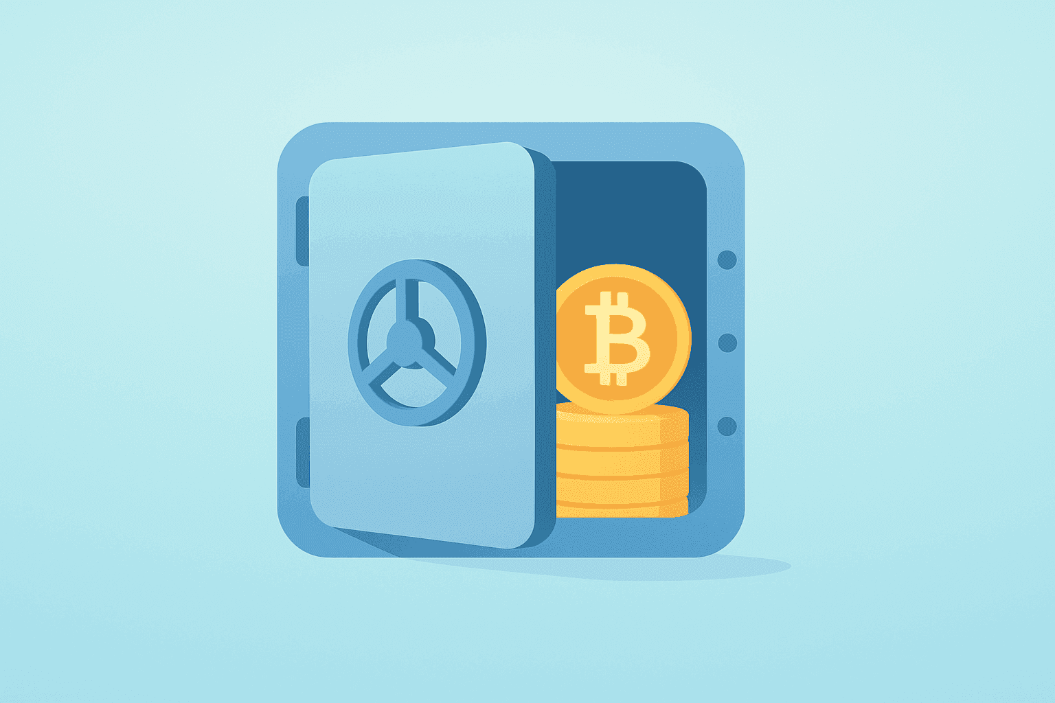 Flat filled vector of a corporate vault revealing a small bitcoin stack, evoking the MSTR bitcoin sale and treasury shift.
