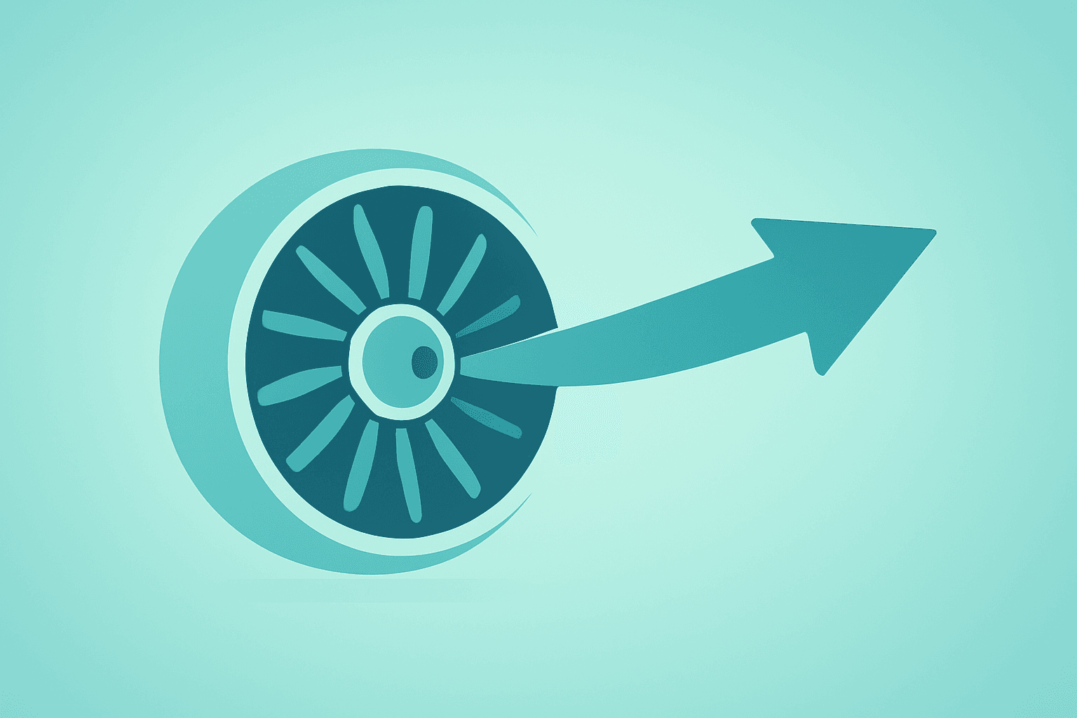 Flat vector of an aerospace turbine compressed into a streamlined core to signal Honeywell Q4 earnings beat and spinoff.