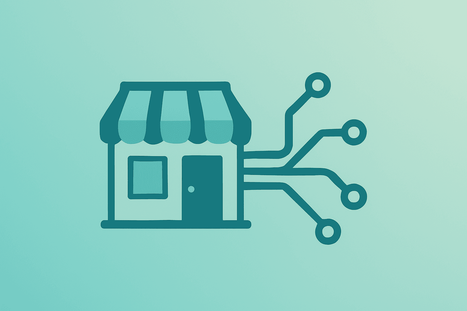 Flat filled vector of a retail store fused with a circuit to symbolize Walmart $1 trillion market cap and e-commerce growth.