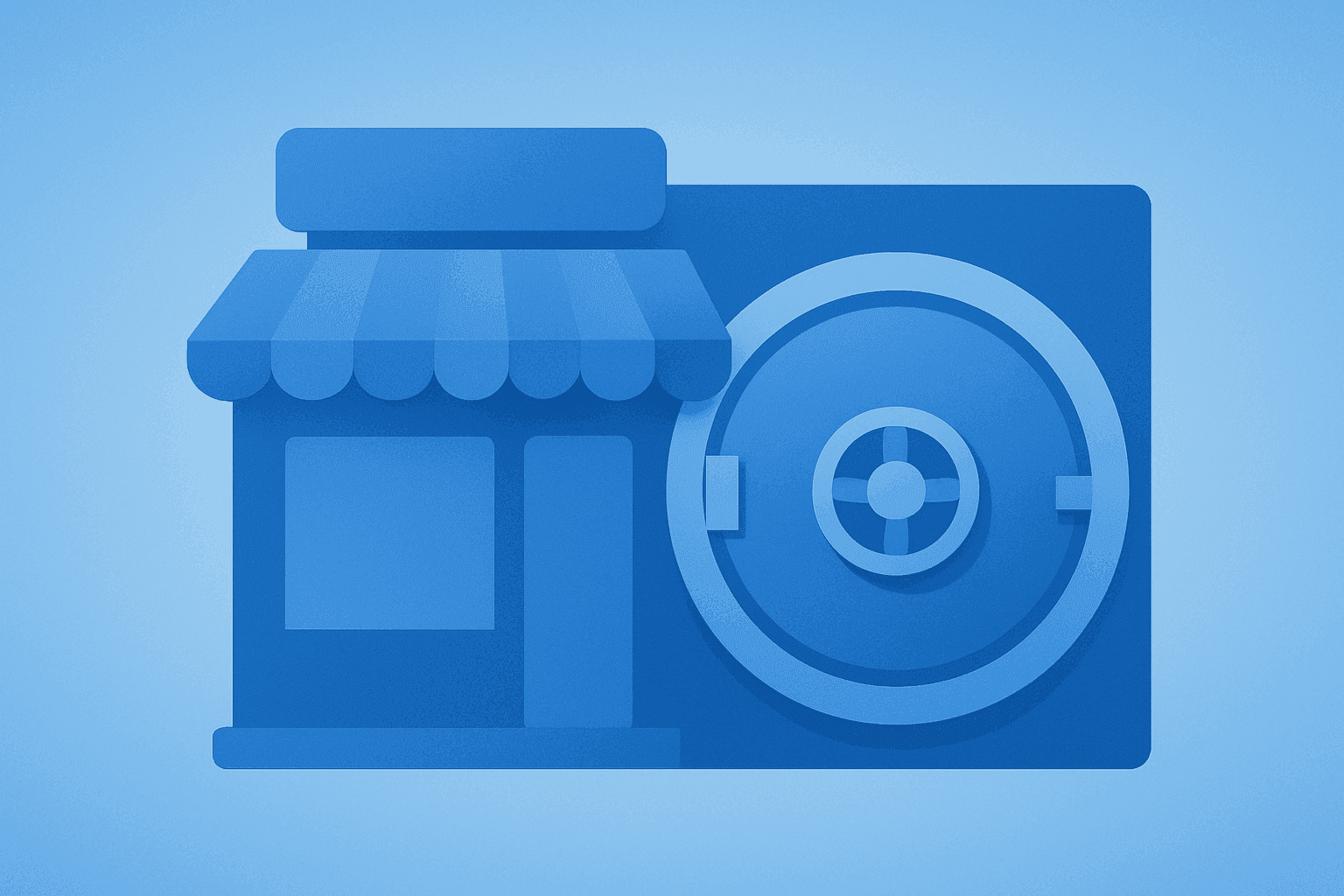 Flat filled vector of a restaurant storefront merged with a financing vault to symbolize Wendy's take-private bid.