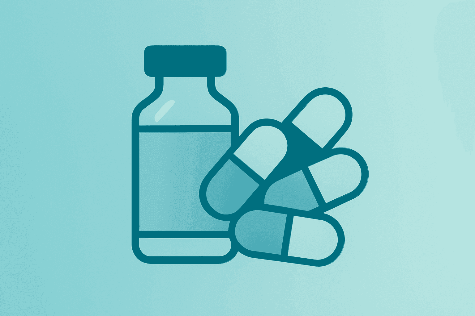 Flat vector of a medicine vial merging with a capsule cluster to represent Pfizer Q2 2026 earnings and an oncology shift.