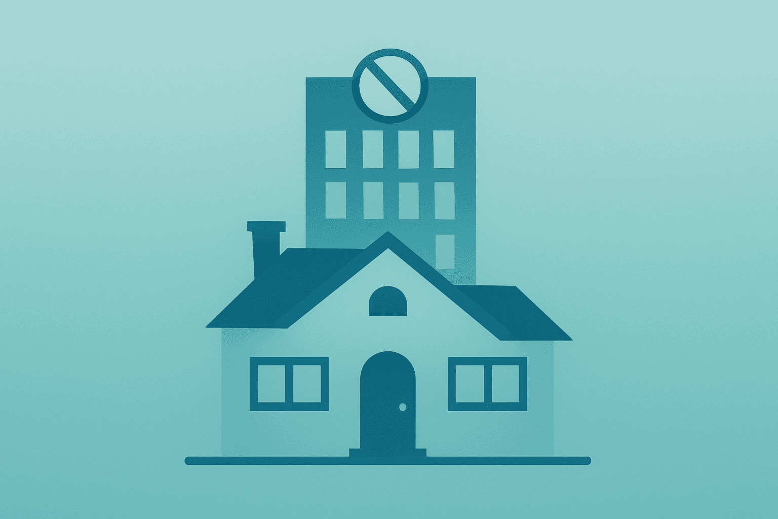 Flat vector of a suburban house merged with a tower illustrating Trump ban institutional investors single-family homes.