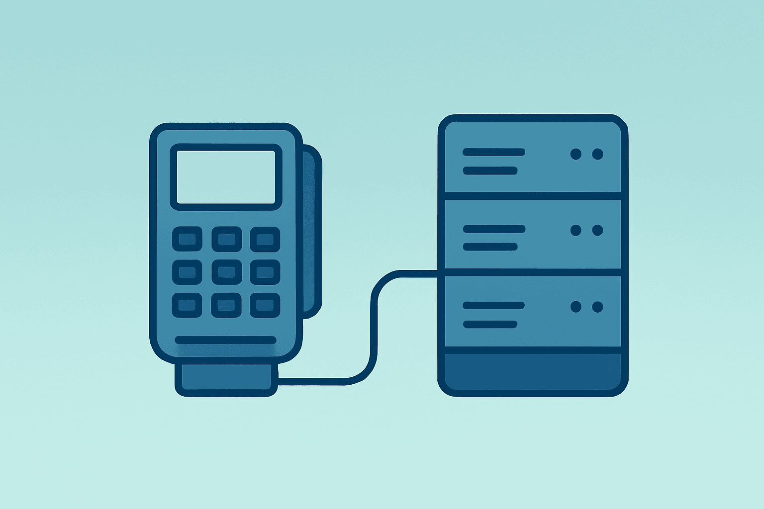 Flat-vector cover of a corporate card terminal linked to a server core, representing Capital One Acquires Brex.