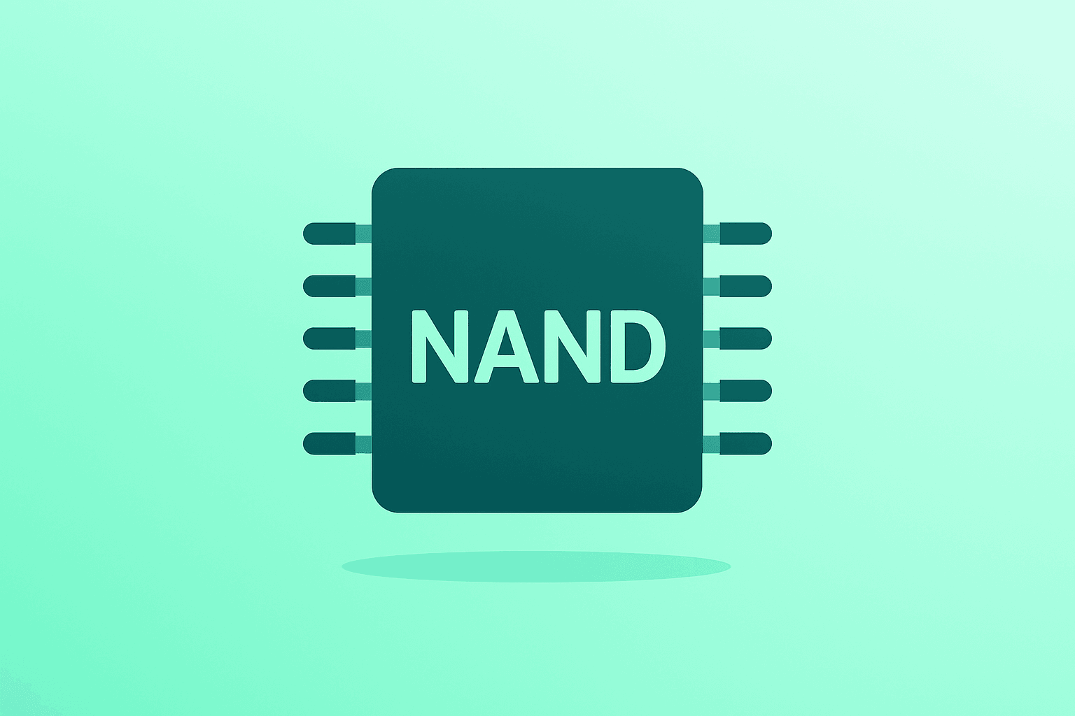 Centered flat-vector NAND flash chip with dimming glow on a smooth emerald-pearl gradient, echoing SanDisk stock stress.