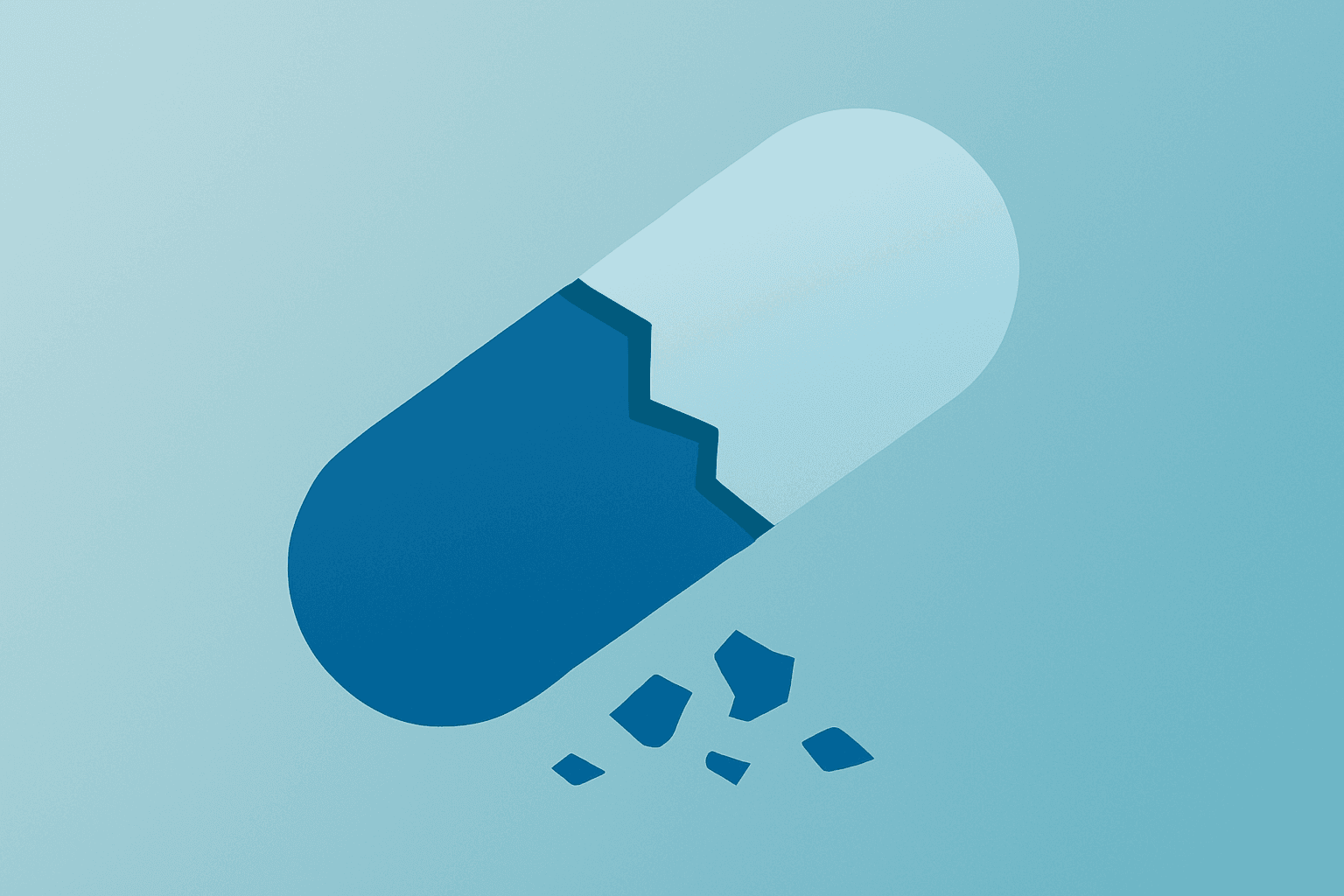 Flat vector of a cracked drug capsule with subtle shadow representing Sanofi tolebrutinib FDA delay and trial failure.