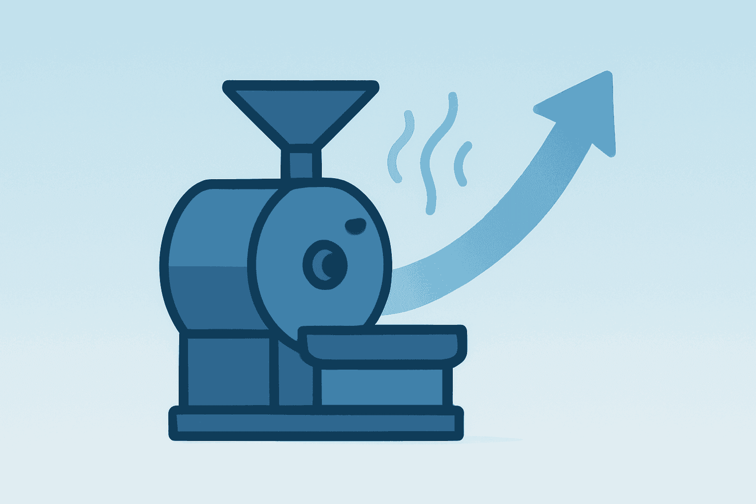 Flat vector of a coffee-cup production engine expanding to symbolize Nestle Q1 sales momentum amid recall and FX headwinds.