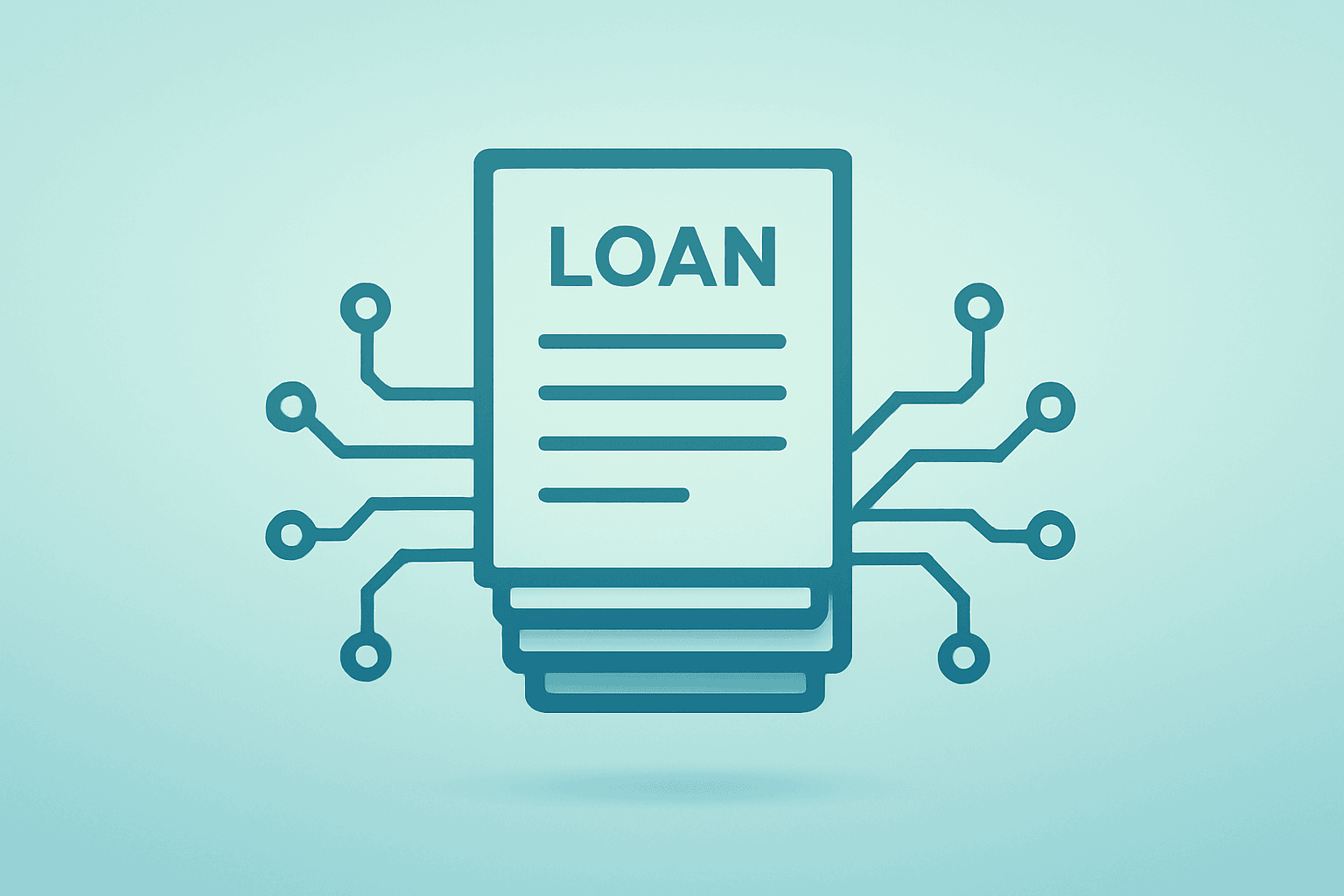 Flat vector stack of loan files pulsing with circuitry symbolizing Wells Fargo earnings driven by fee income and trading.