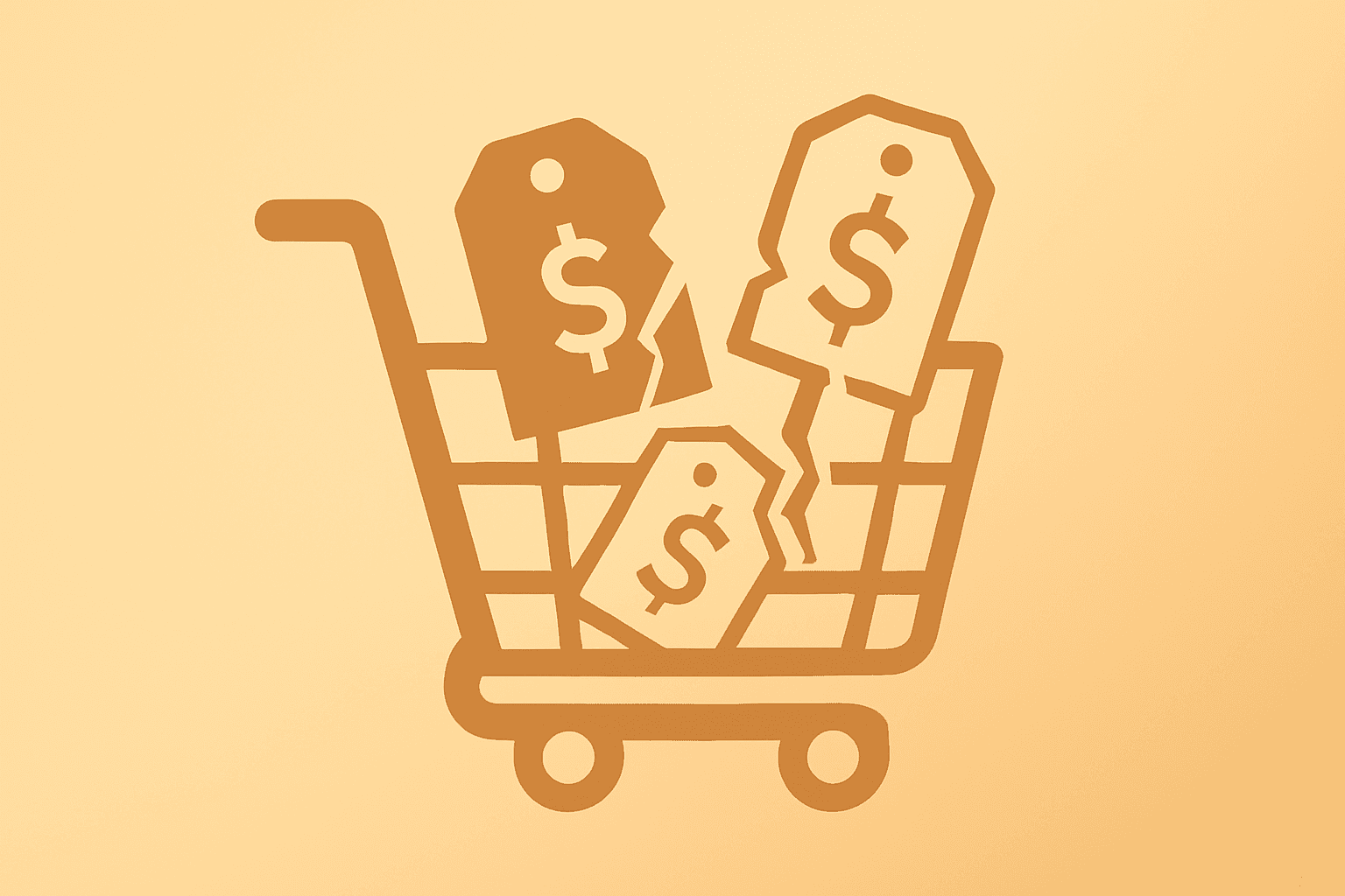 Flat vector shopping cart with fractured price labels on a smooth amber-sand gradient, referencing the Instacart FTC probe.