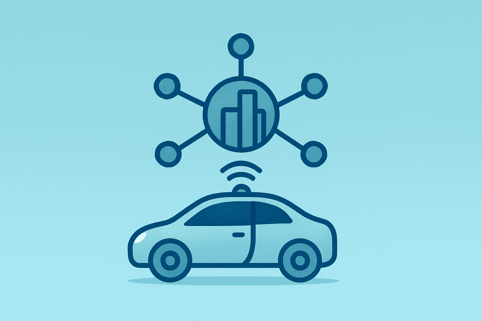 Flat vector cover showing a robot taxi vehicle fused with a server module symbolizing the Uber Nvidia partnership rollout.