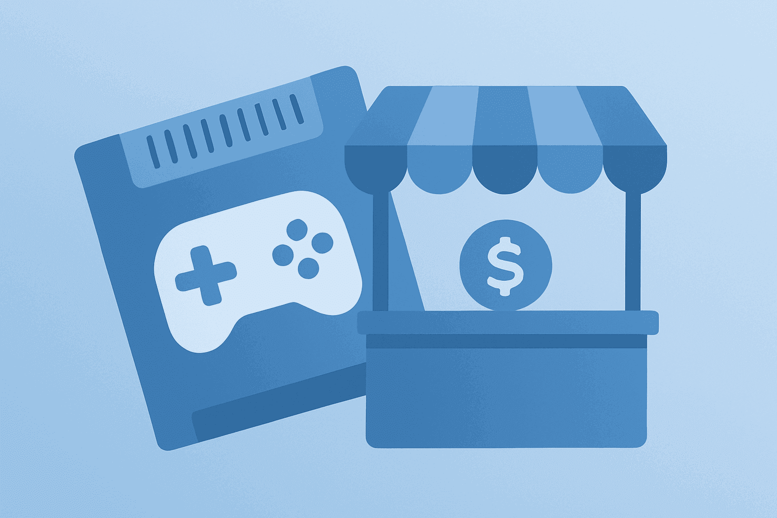 Flat vector of a marketplace counter fused with a game cartridge to symbolize GameStop bid for eBay and stake-building risk.
