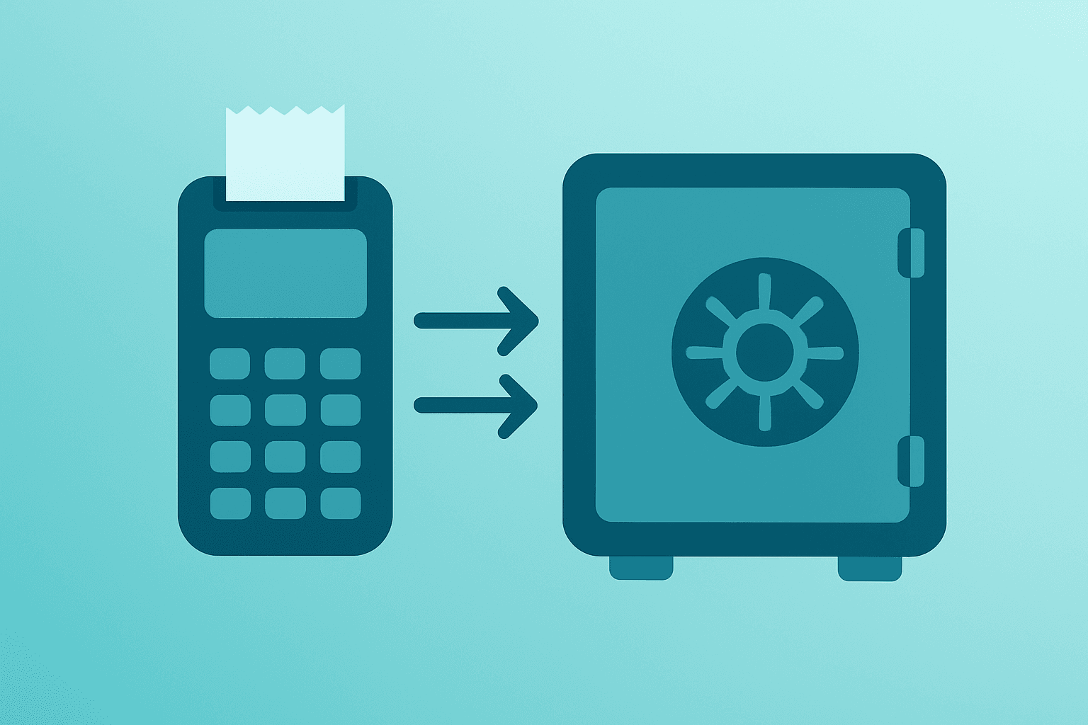 Flat filled vector of a payment terminal merging with an expanding vault to symbolize Visa Q1 earnings and payments growth.