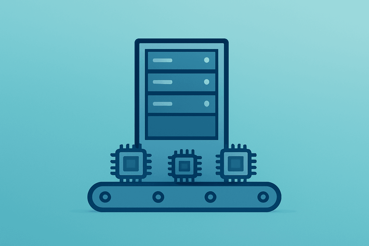 Flat vector server rack paired with factory elements to represent the Foxconn OpenAI partnership and U.S. AI hardware scale