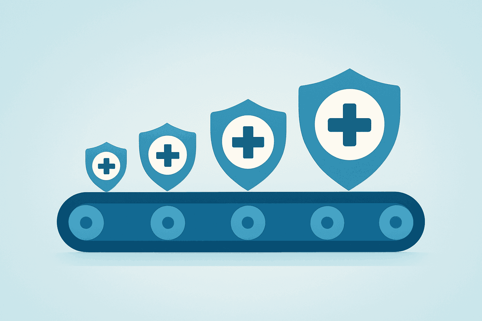 Flat-vector conveyor belt with expanding healthcare badges on a light-gradient background representing Amazon holiday hiring.