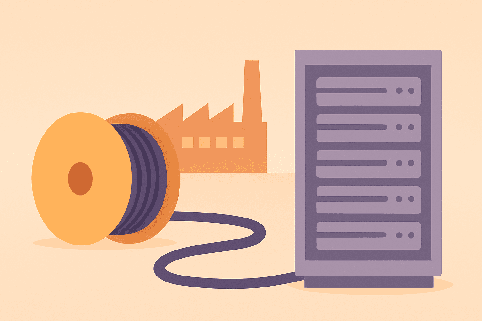 Flat vector of an optical cable and server symbolizing the Meta Corning fiber-optic deal and U.S. manufacturing.