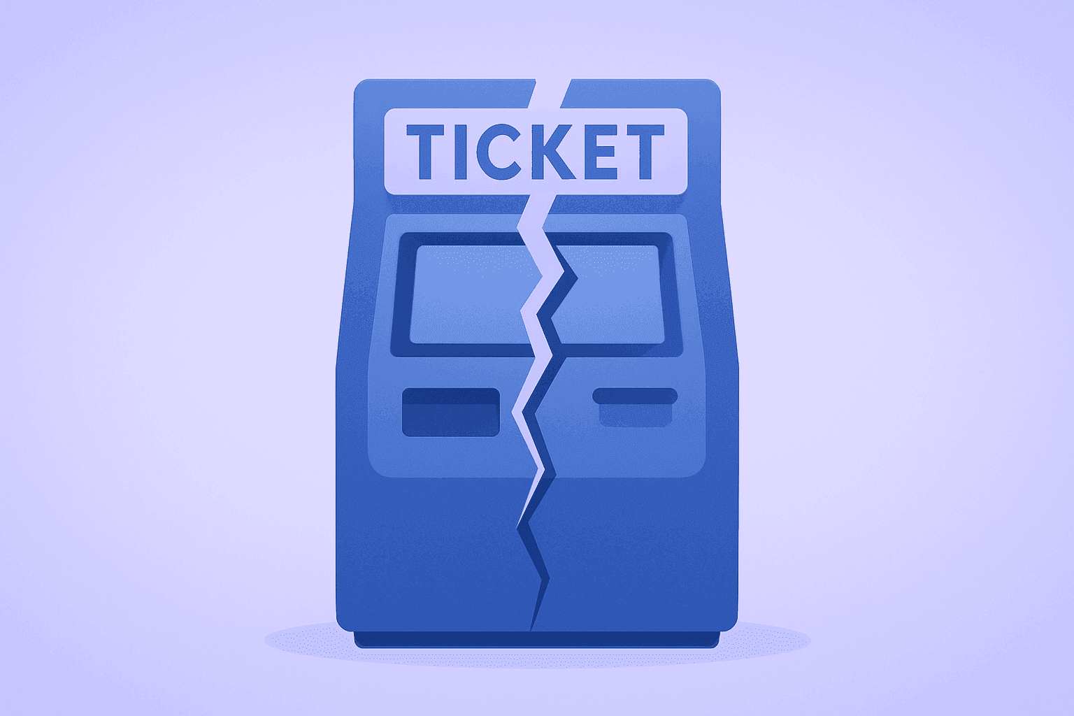 Flat vector of a cracked concert ticket kiosk symbolizing Live Nation antitrust verdict and Ticketmaster breakup risk.