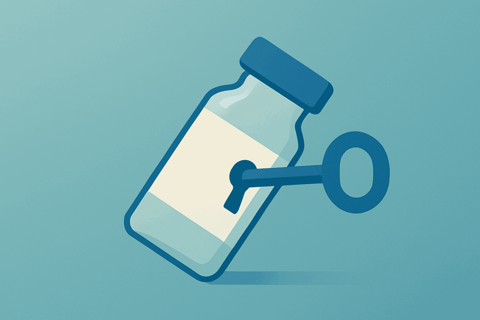 Flat vector of a pharmaceutical vial unlocked by a key symbolizing the Arvinas VEPPANU license and launch handoff.