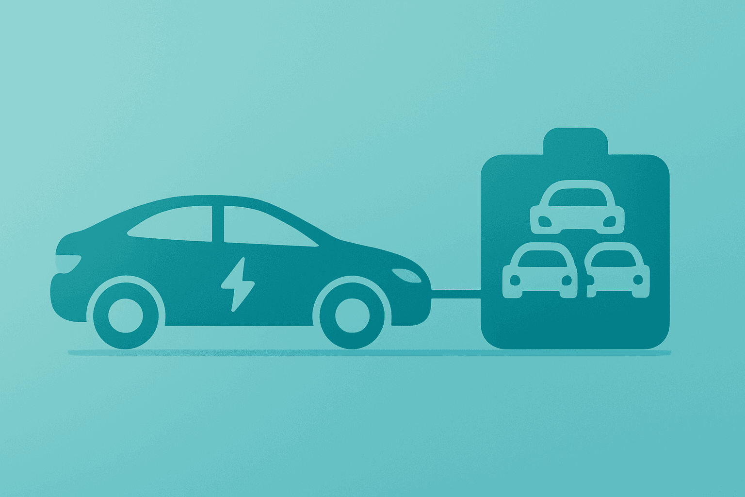 Flat vector of a midsize electric vehicle merging with a fleet module to symbolize the Lucid Bolt partnership supply story