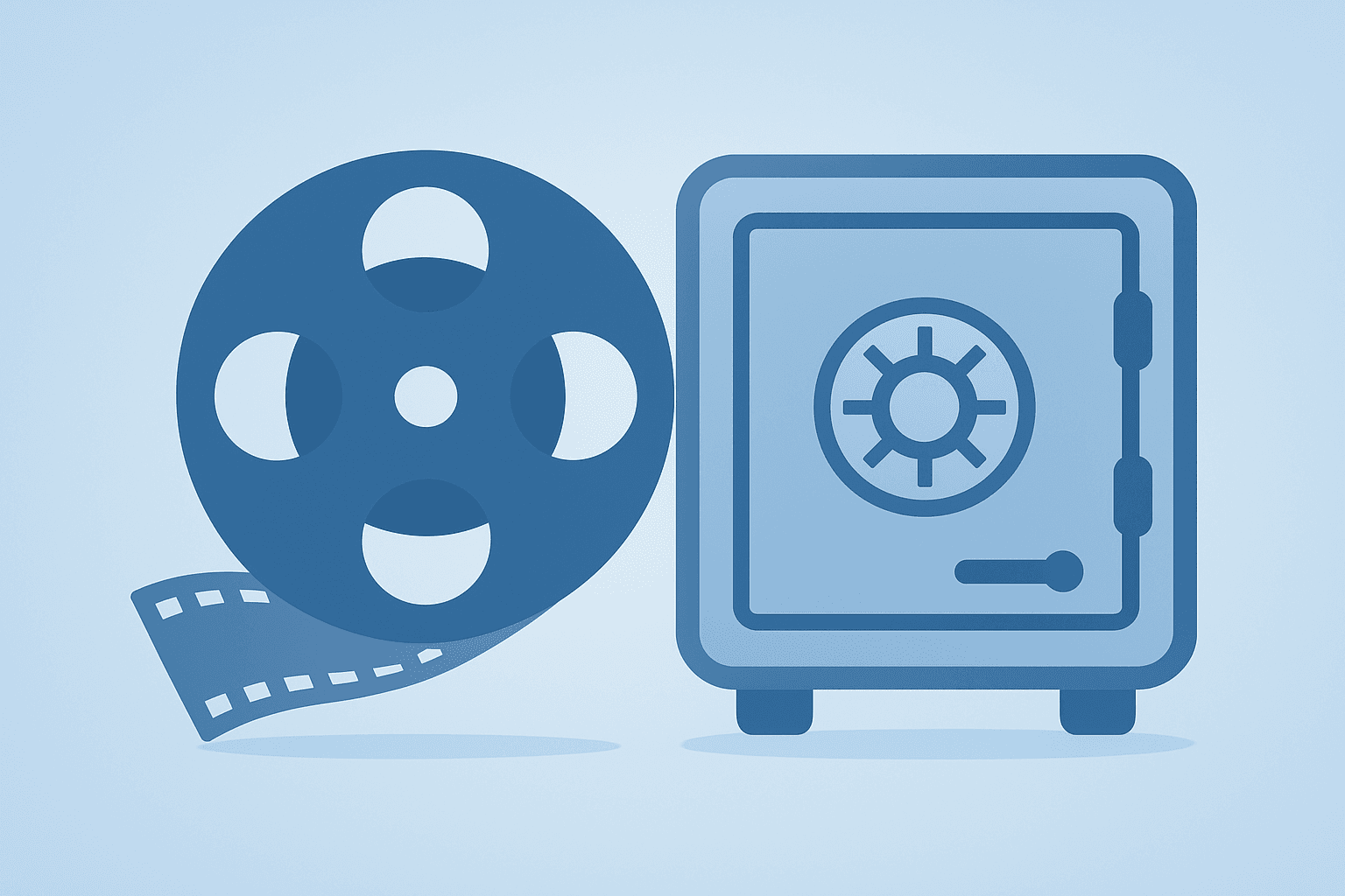 Flat vector of a film reel fused with a secured cash vault symbolizing the Netflix Warner Bros acquisition and rival cash bid.