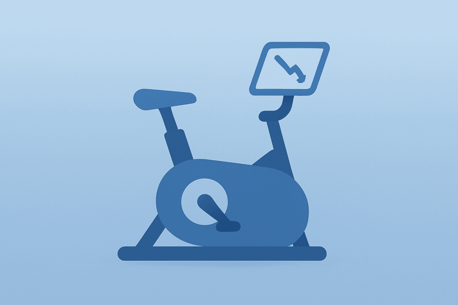 Flat vector of a stationary bike with dimming display to symbolize Peloton earnings shortfall and weakening subscriptions.