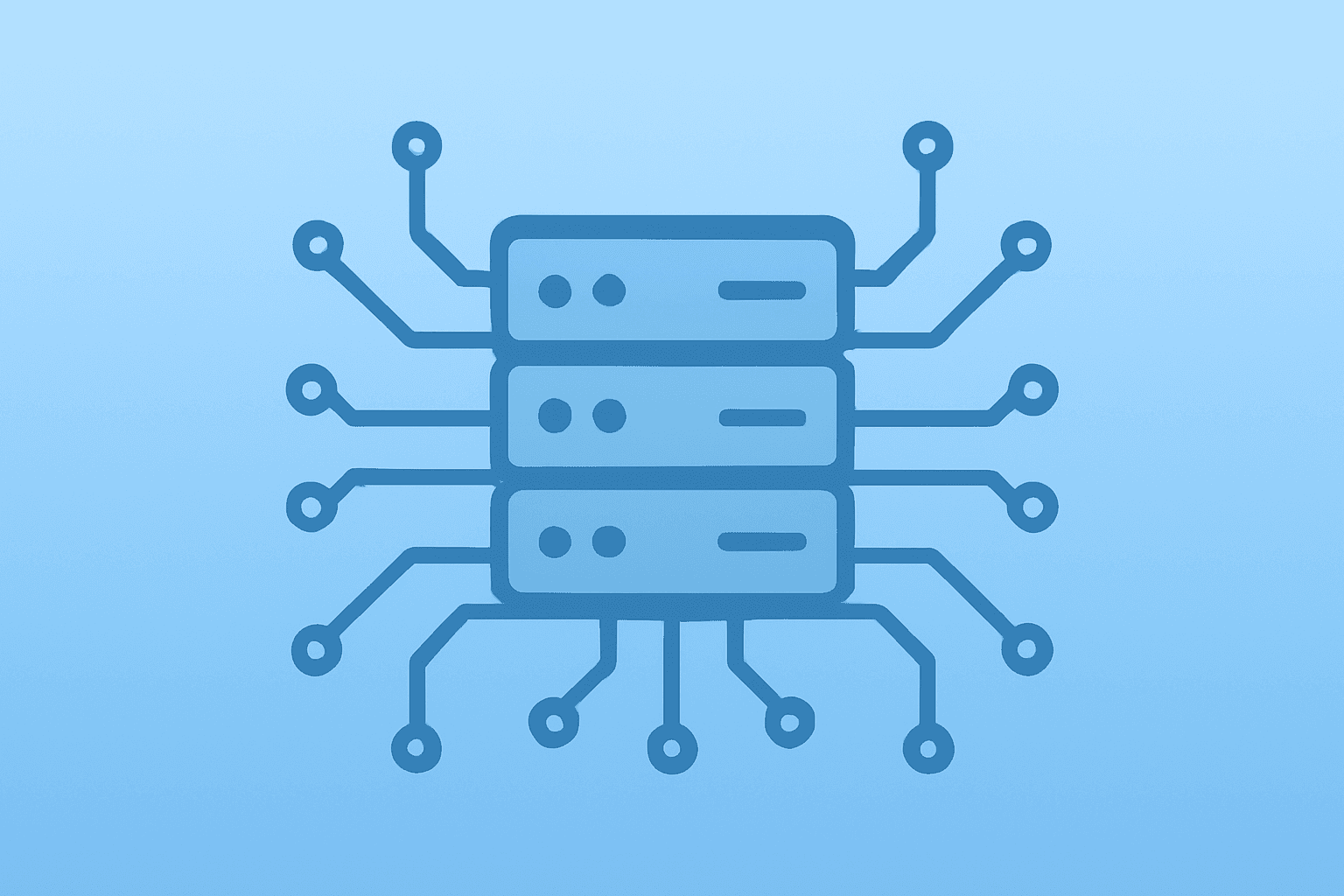 Flat vector of a server cluster with expanding circuits to symbolize UiPath Q3 Earnings momentum from agentic automation.
