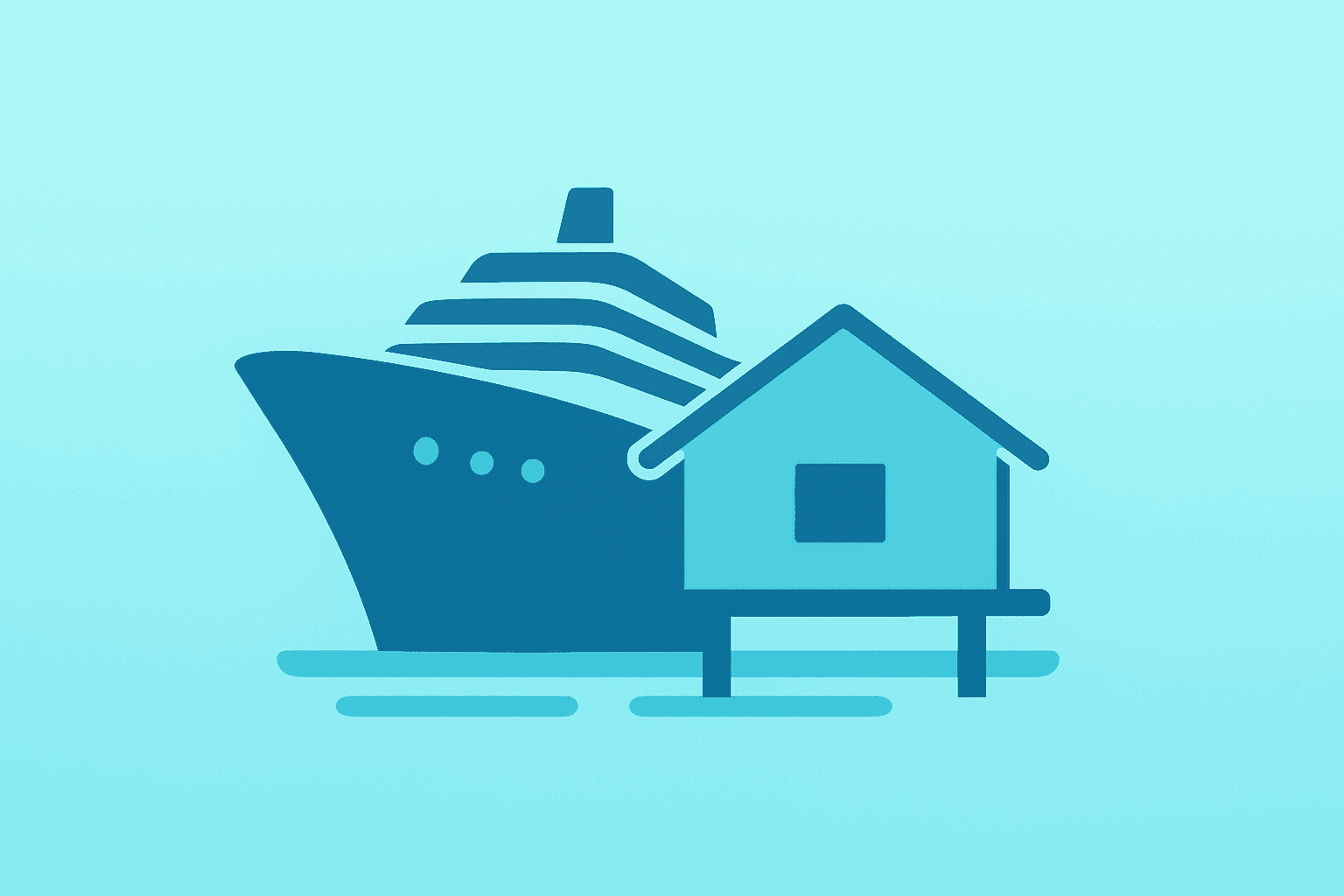 Flat vector of a cruise hull fused with a resort bungalow to symbolize the Royal Caribbean Sandals deal and valuation risk