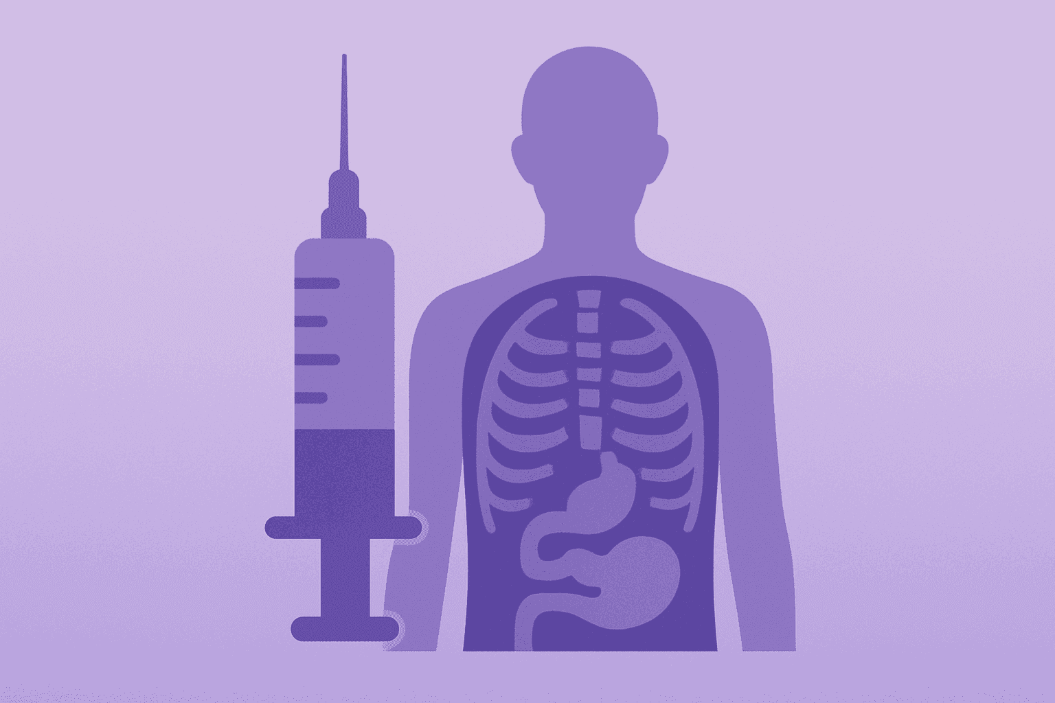 Flat vector of an injector pen with layered body-scan on a smooth gradient, referencing Wegovy 7.2 mg fat-focused efficacy.
