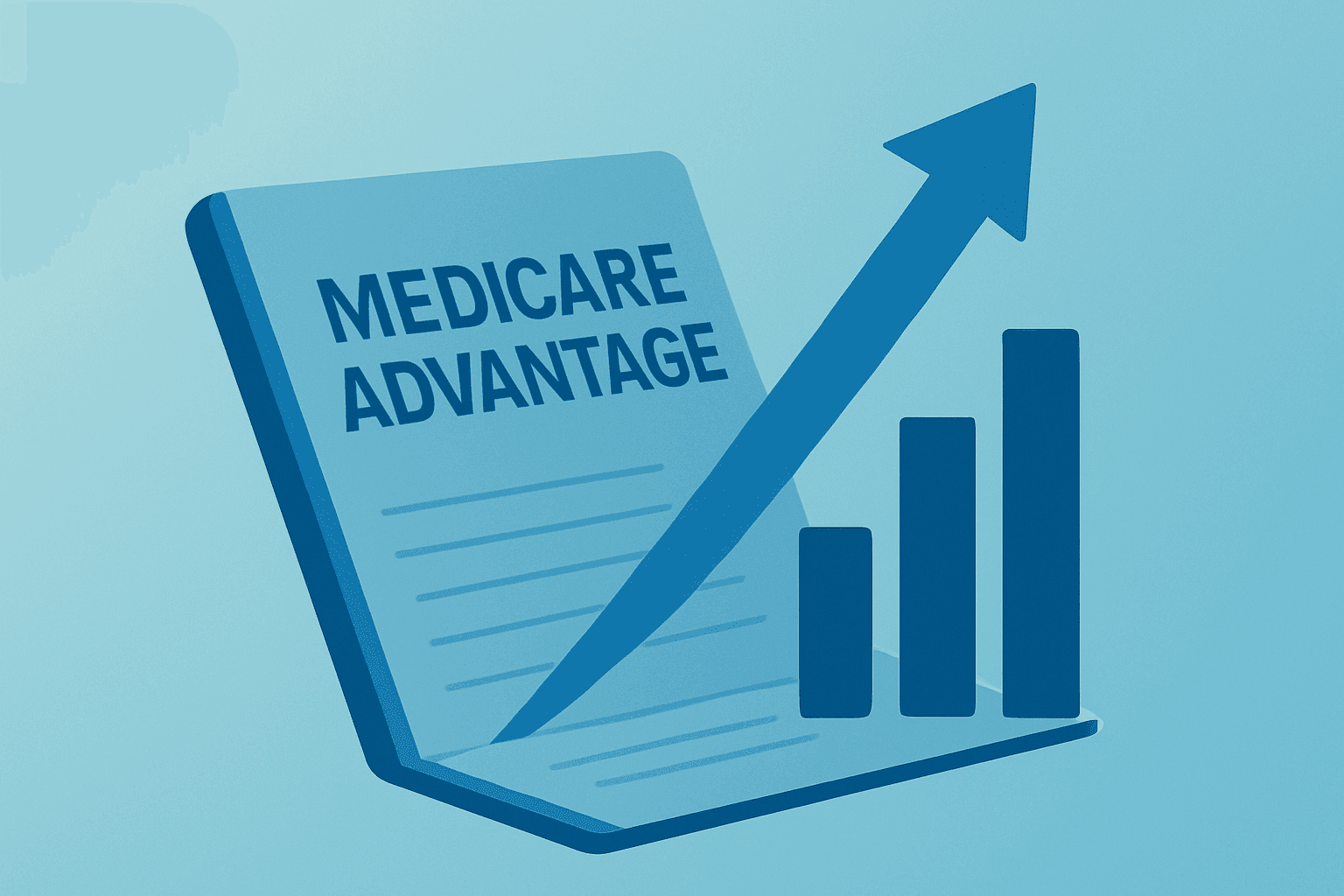 Flat filled vector of a health-plan ledger expanding to signal Medicare Advantage rates 2027 payment lift with subtle shadow.