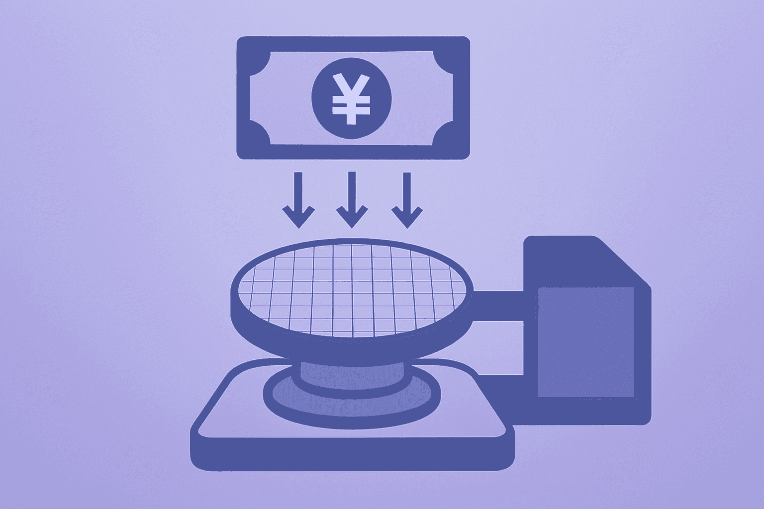 Flat-vector wafer carousel symbolizing Japan-backed funding to expand GlobalFoundries New York fabs at Malta.