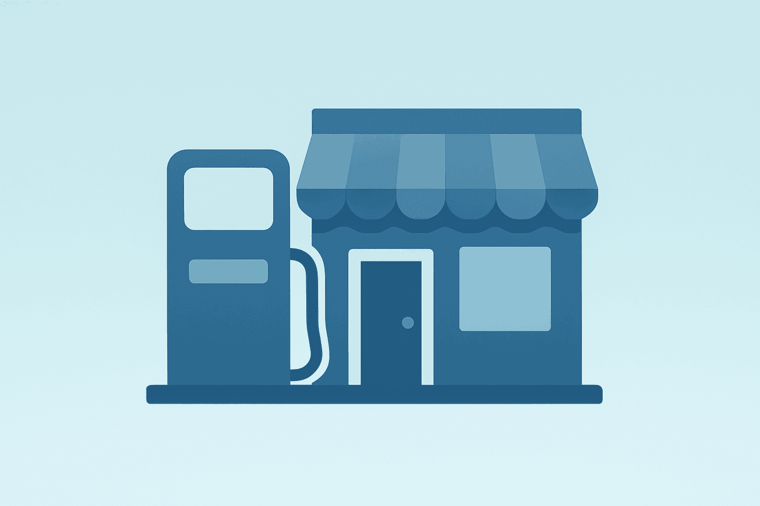 Flat vector of a gasoline pump merging with a retail storefront, representing U.S. retail sales March 2026 gas-driven spike.