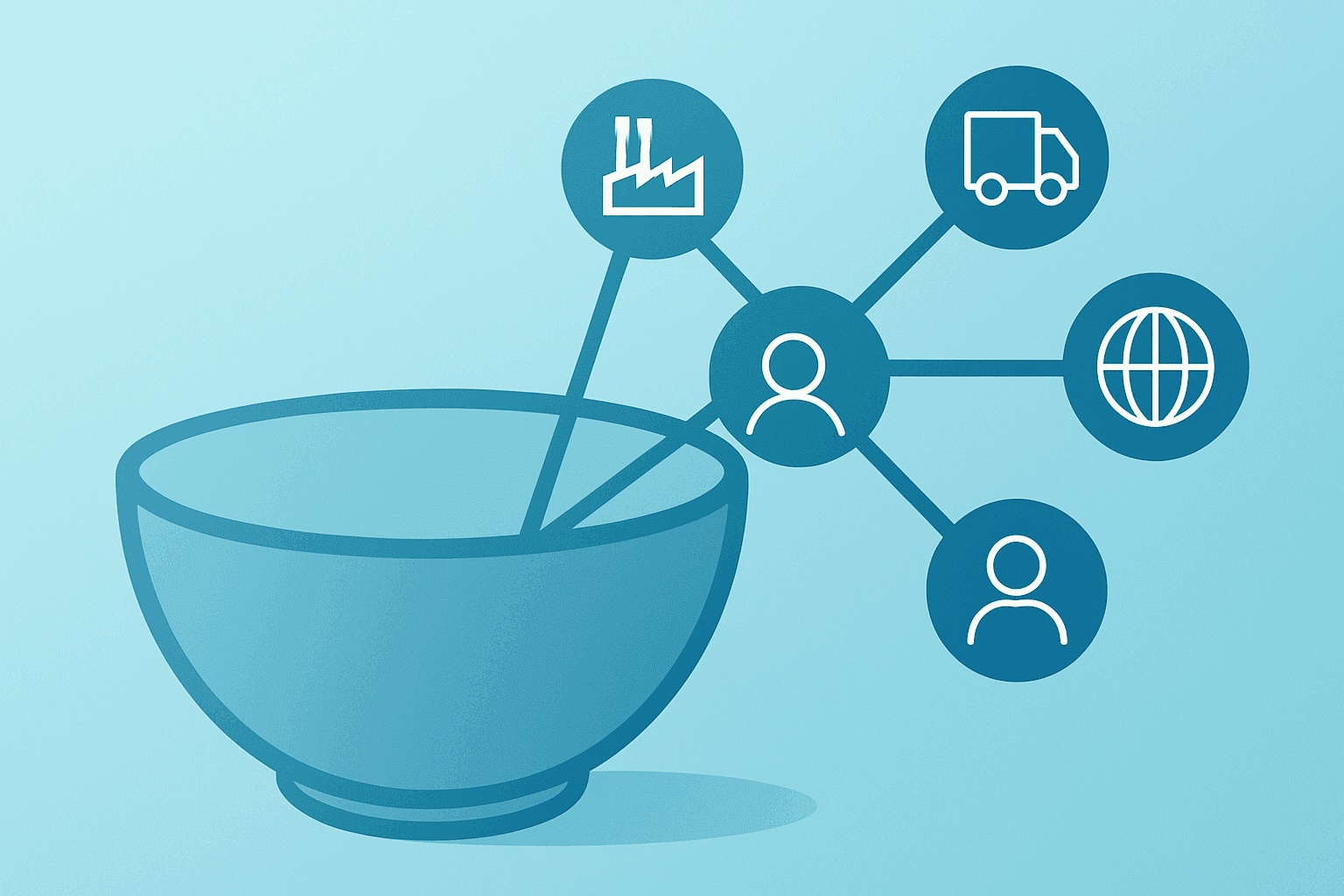 Flat vector of a mixing bowl expanding networks symbolizing the Ingredion Tate & Lyle takeover and dividend terms.