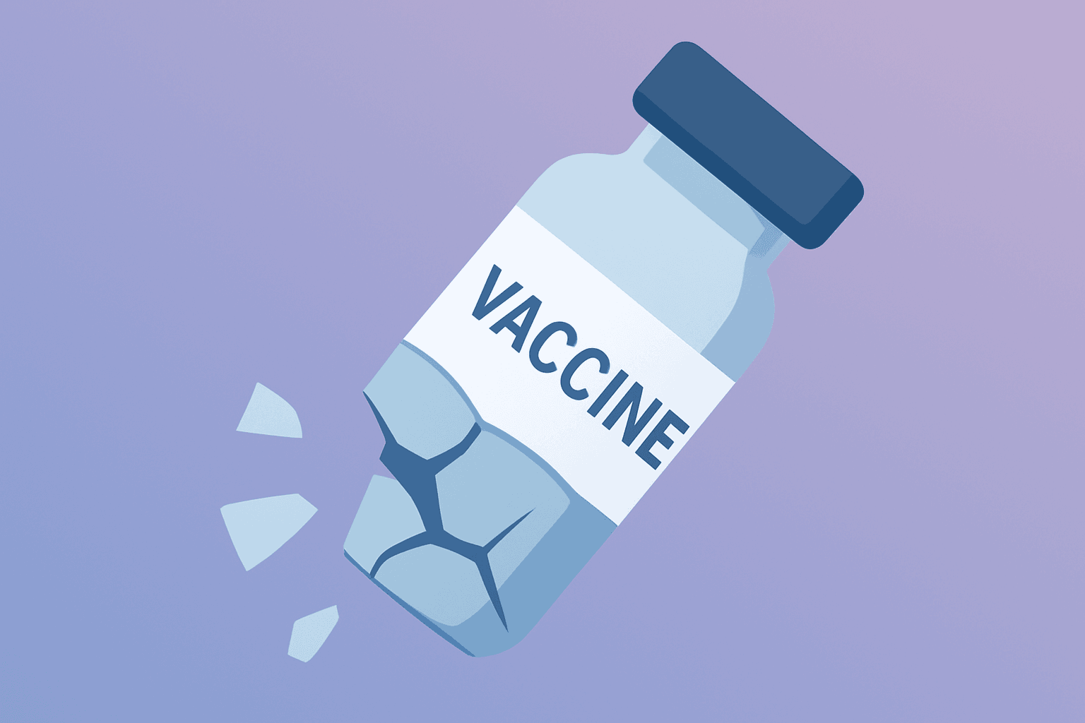 Flat-vector depiction of a research vial with a fractured shell symbolizing Moderna shares plunge and data uncertainty.