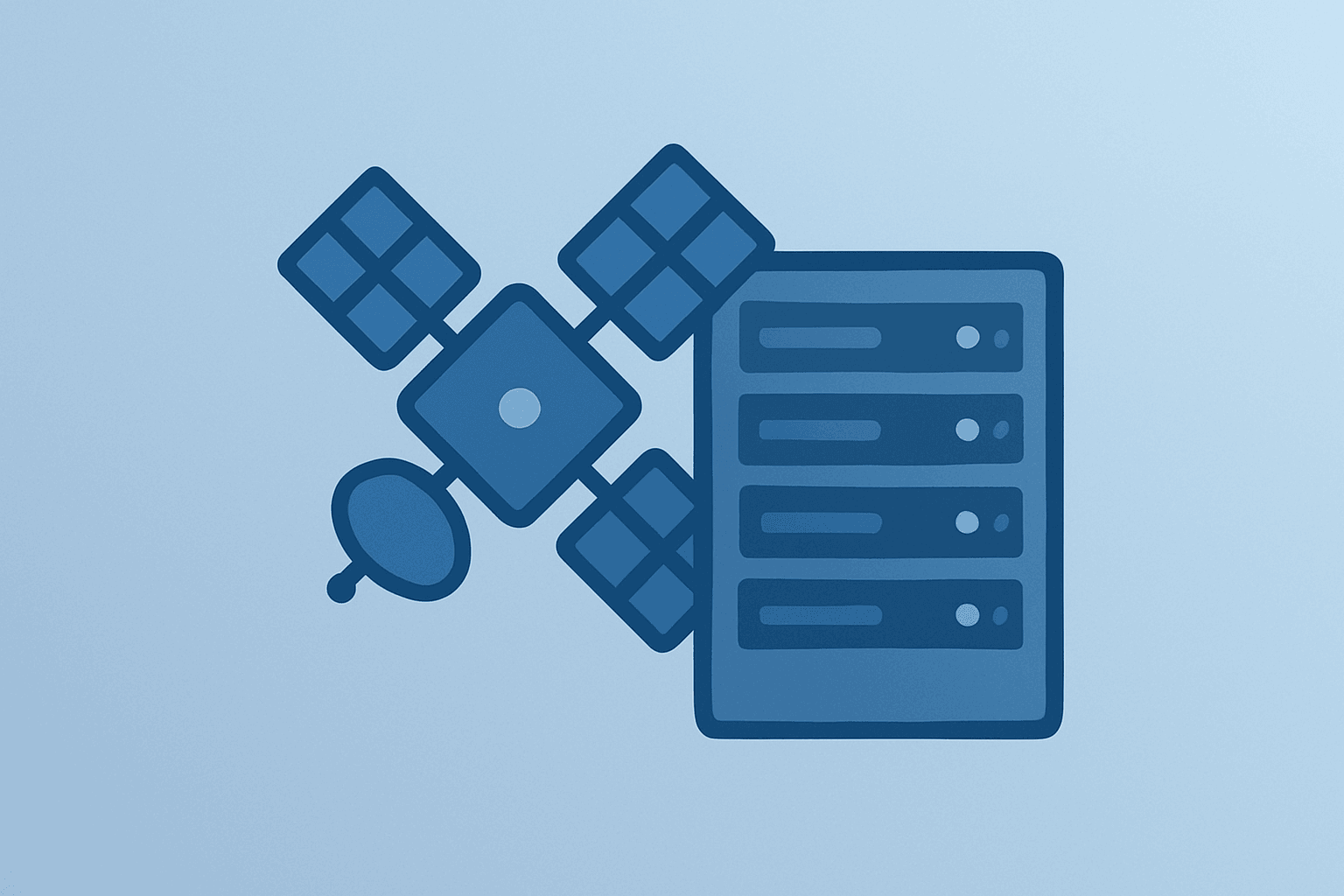 Flat-vector server rack fused with a satellite to symbolize SpaceX earnings from AI Super Intelligence and Starlink growth.