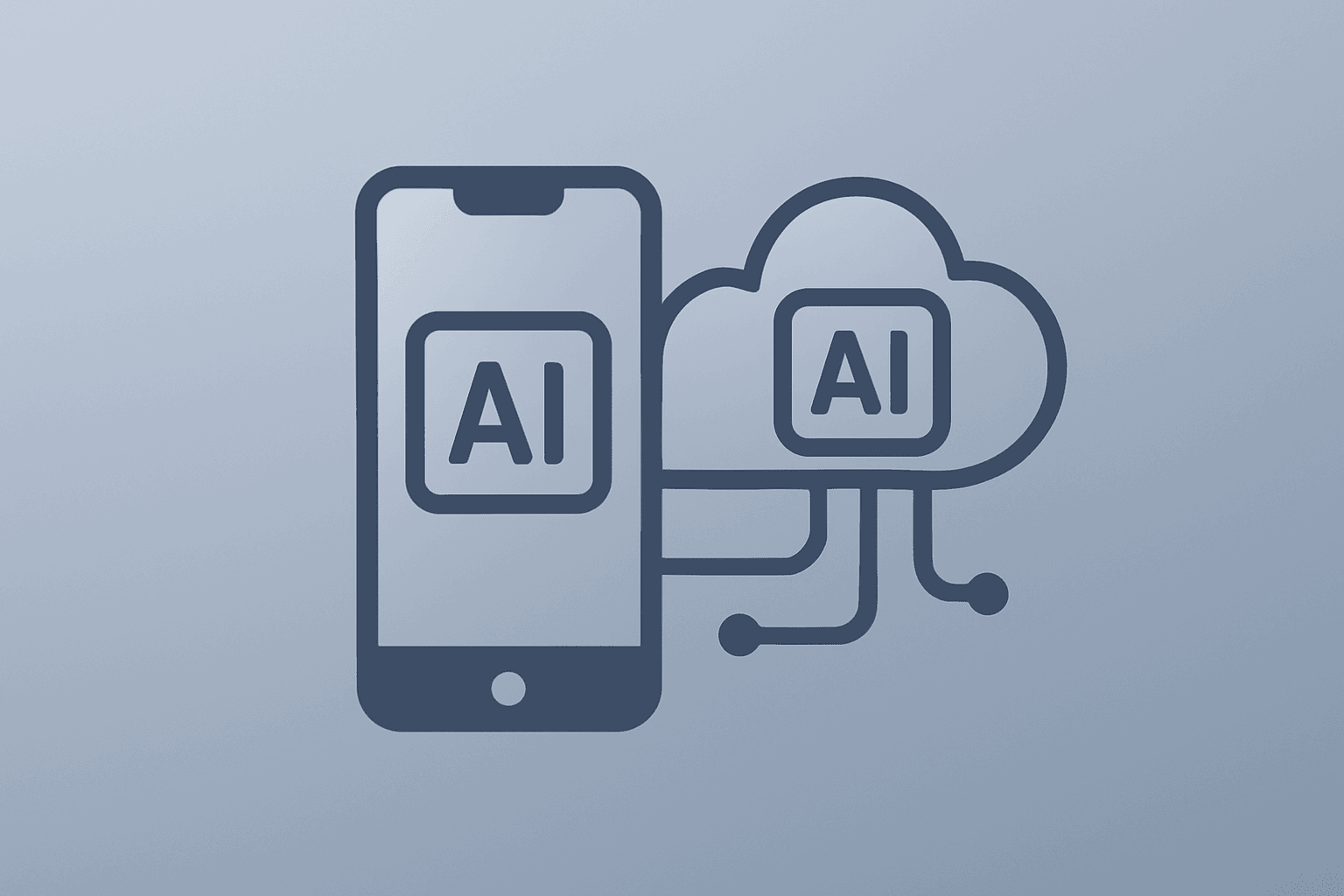 Flat vector smartphone cluster bridging on-device and cloud AI, illustrating the Apple Siri overhaul and hybrid architecture.