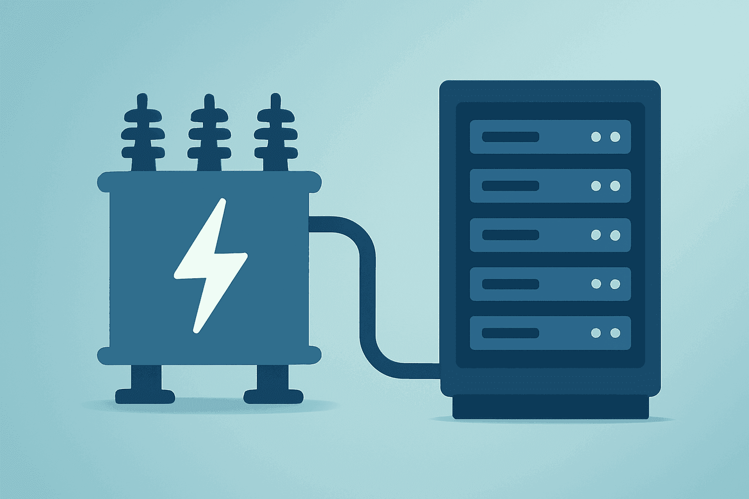 Flat-vector power transformer feeding a server rack, reflecting GE Vernova raises guidance on AI data-center power demand.