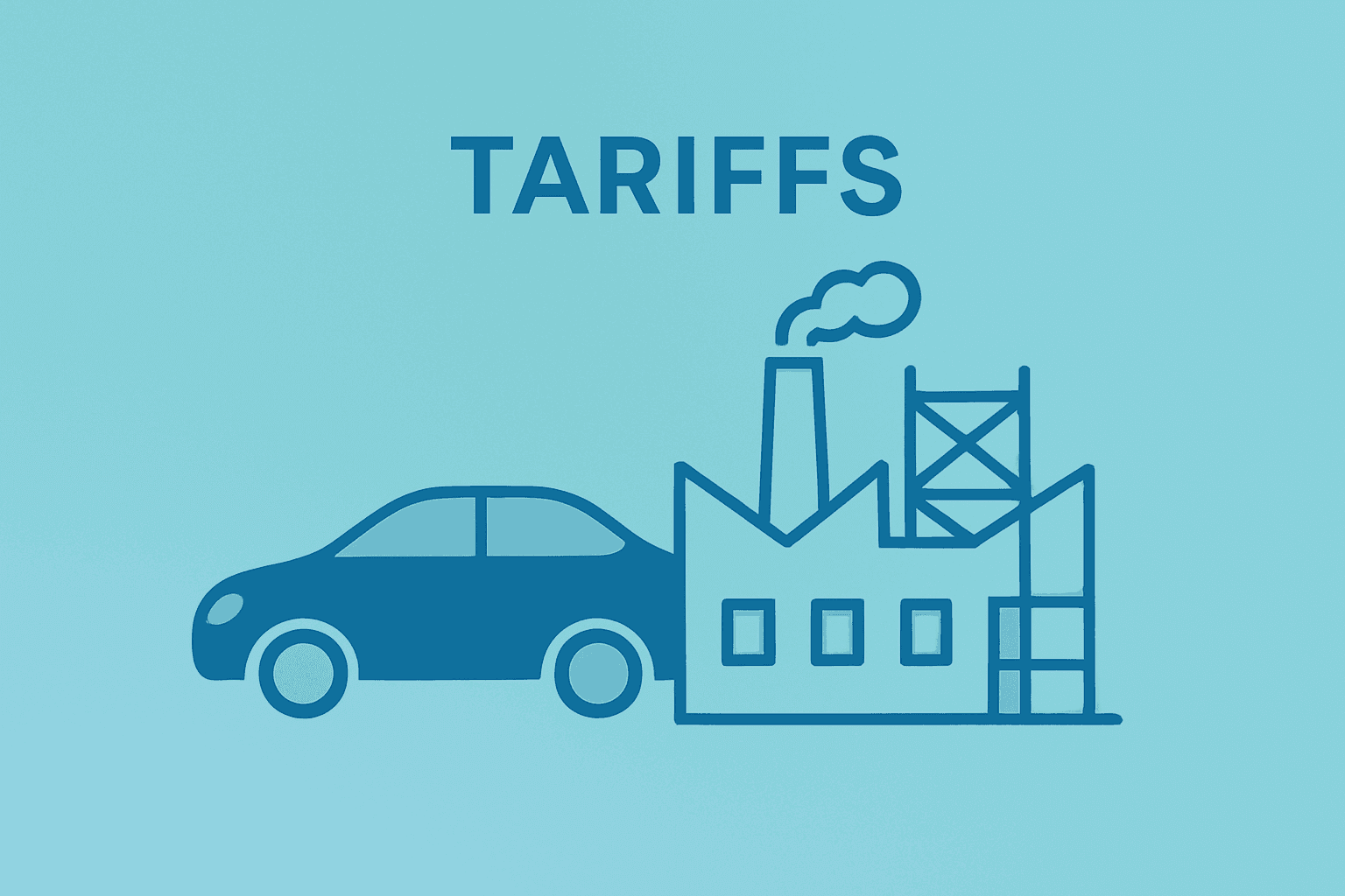 Flat vector of a car merging into a factory outline with scaffolding, symbolizing U.S. tariffs on EU cars and plant waivers.