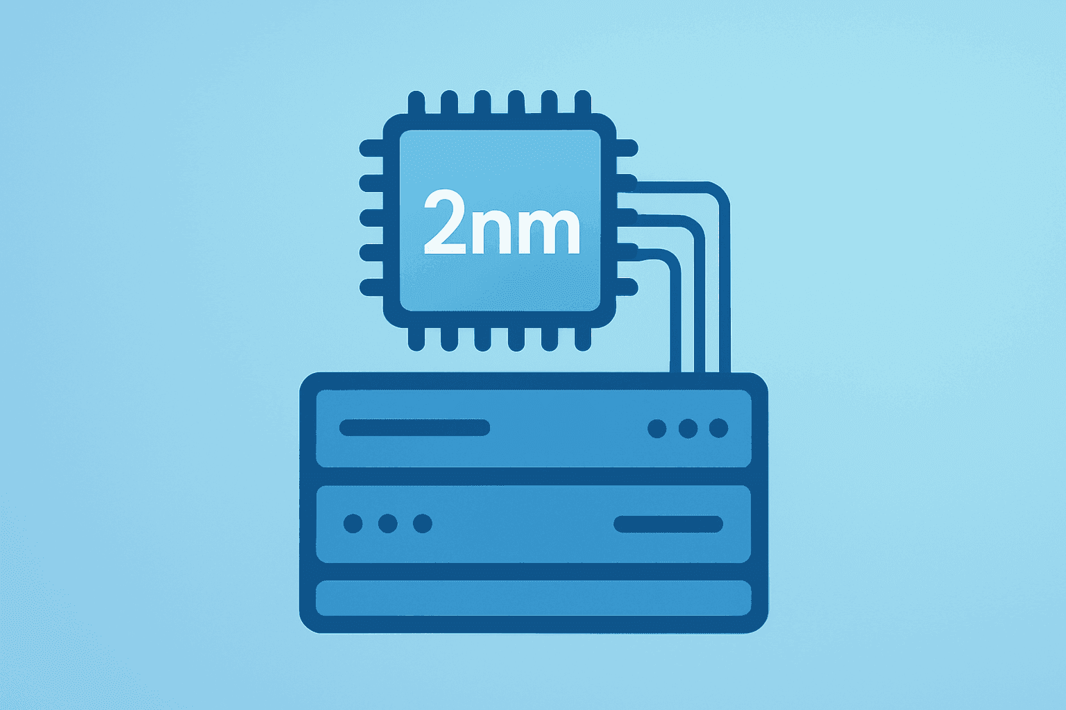 Flat filled vector of a 2nm AI accelerator chip on a server rack symbolizing the Broadcom Meta AI partnership roadmap.