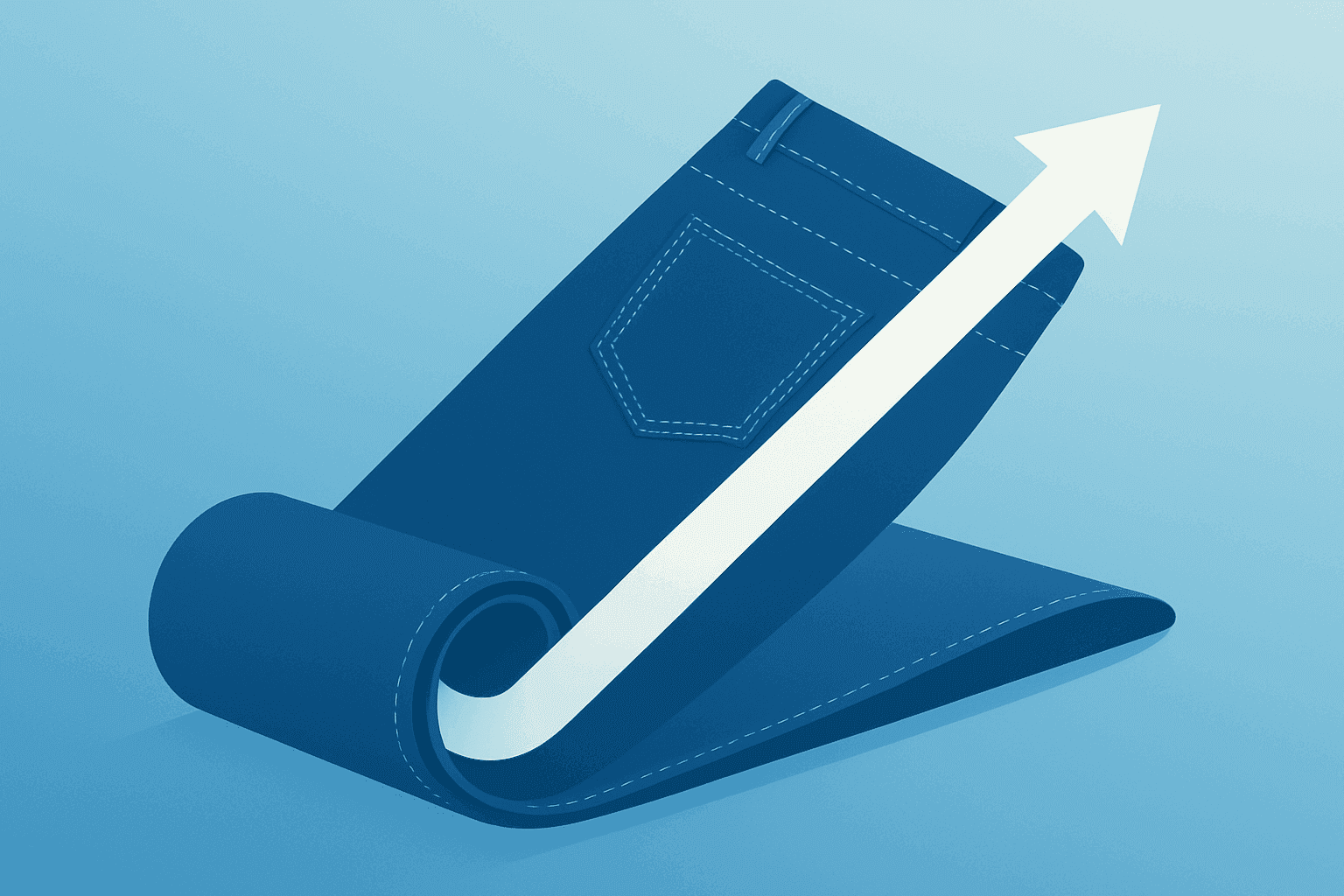 Centered flat vector of a premium denim pair unfolding to signal expanding demand, Levi Strauss earnings