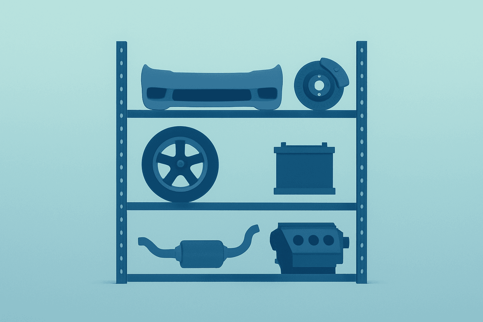 Flat vector automotive parts rack under dim light on a graphite-frost gradient, symbolizing AutoZone earnings margin squeeze.