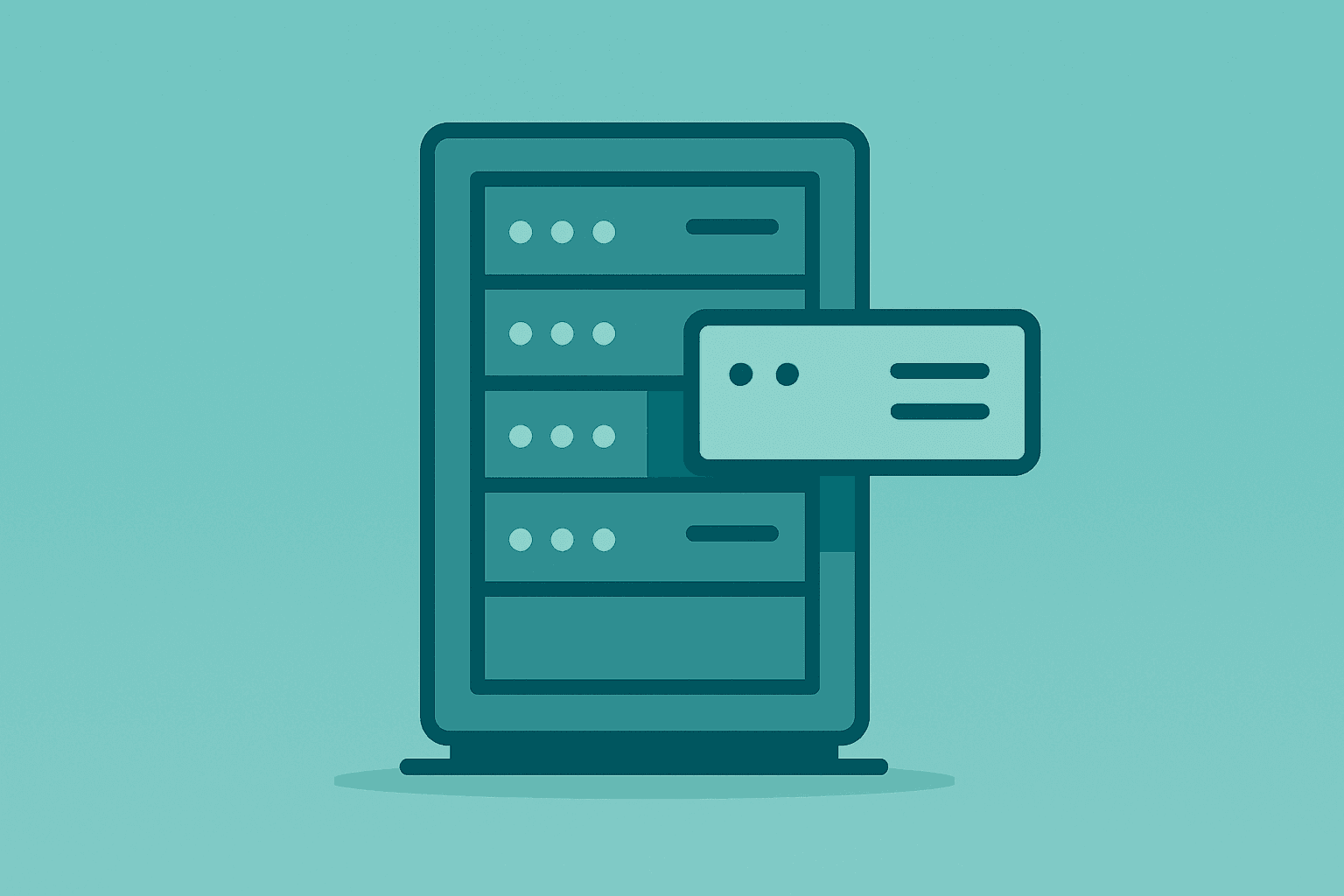 Flat vector of a server rack with a center module being swapped to signal leadership handoff and Apple AI Chief Retires