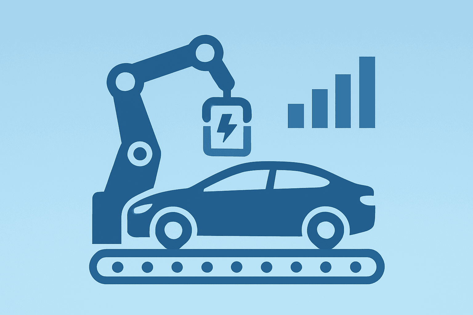 Flat vector of a car assembly line and shrinking battery pack to symbolize GM $7.1 billion charge tied to EV realignment.