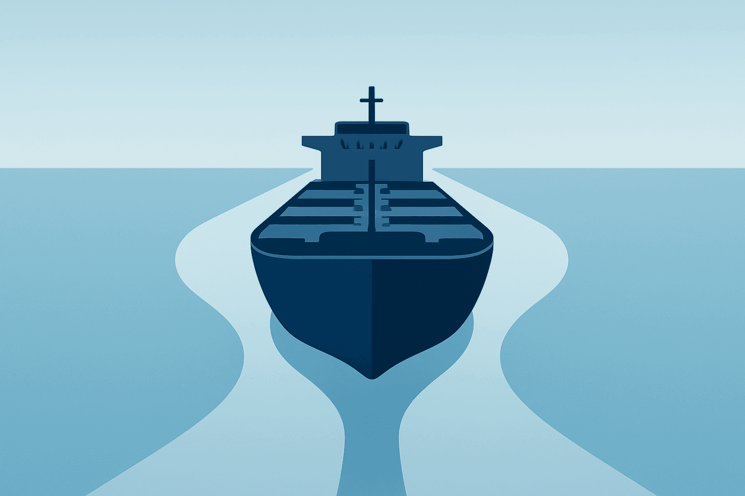 Flat filled vector of a lone tanker hull under dimmed light symbolizing Strait of Hormuz oil prices and supply strain.