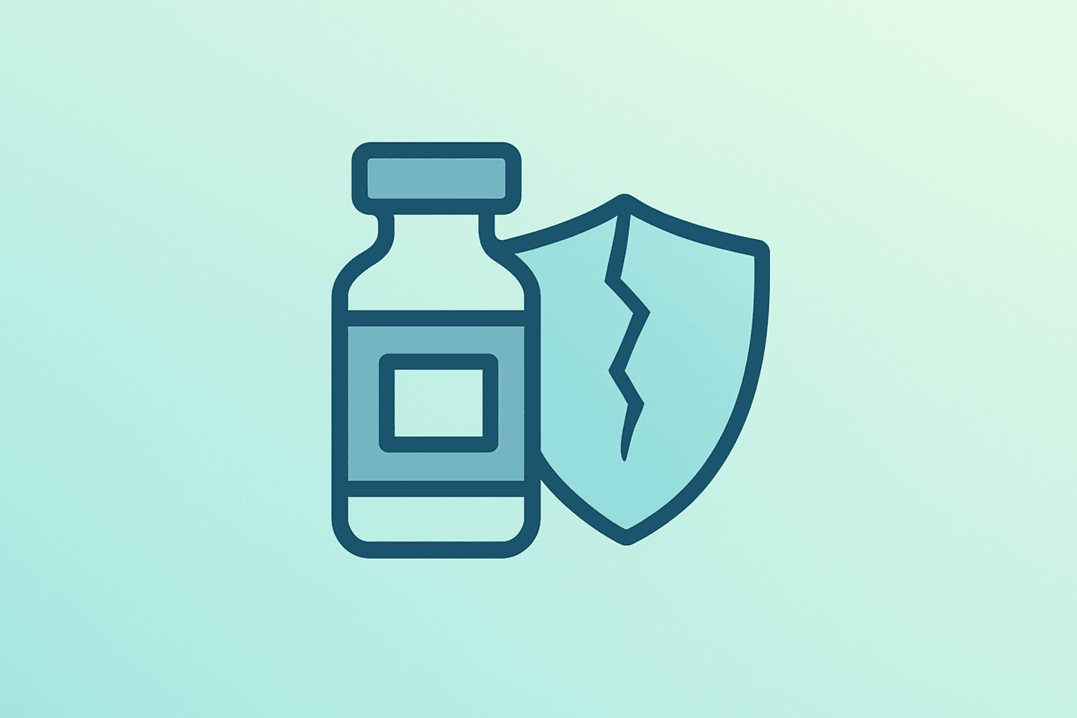 Flat vector pharmaceutical vial fused with fractured shield to symbolize Moderna Q1 2026 results and litigation charge.
