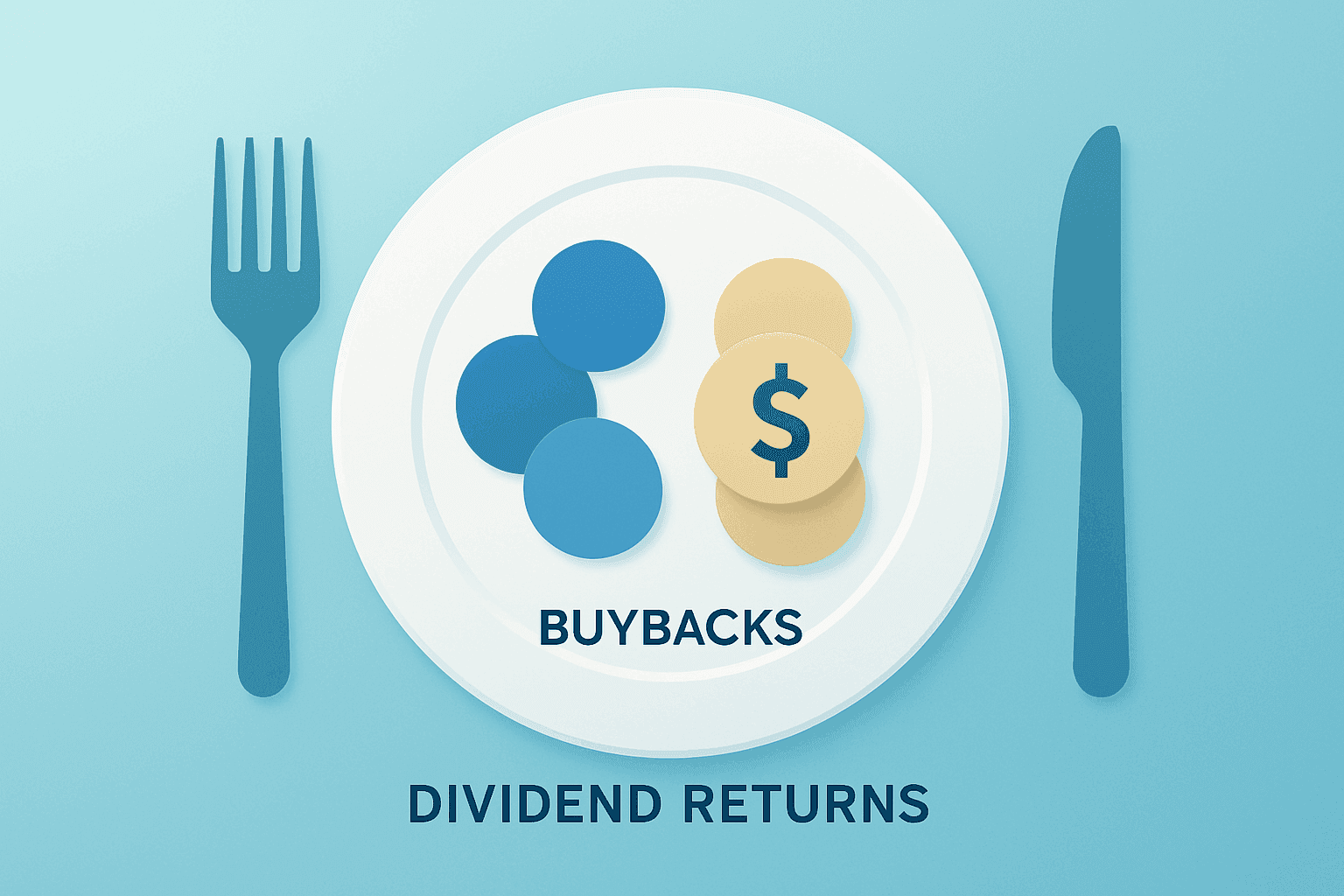 Flat vector dining plate and tray representing Darden earnings with tokens signaling dividend and buyback focus.