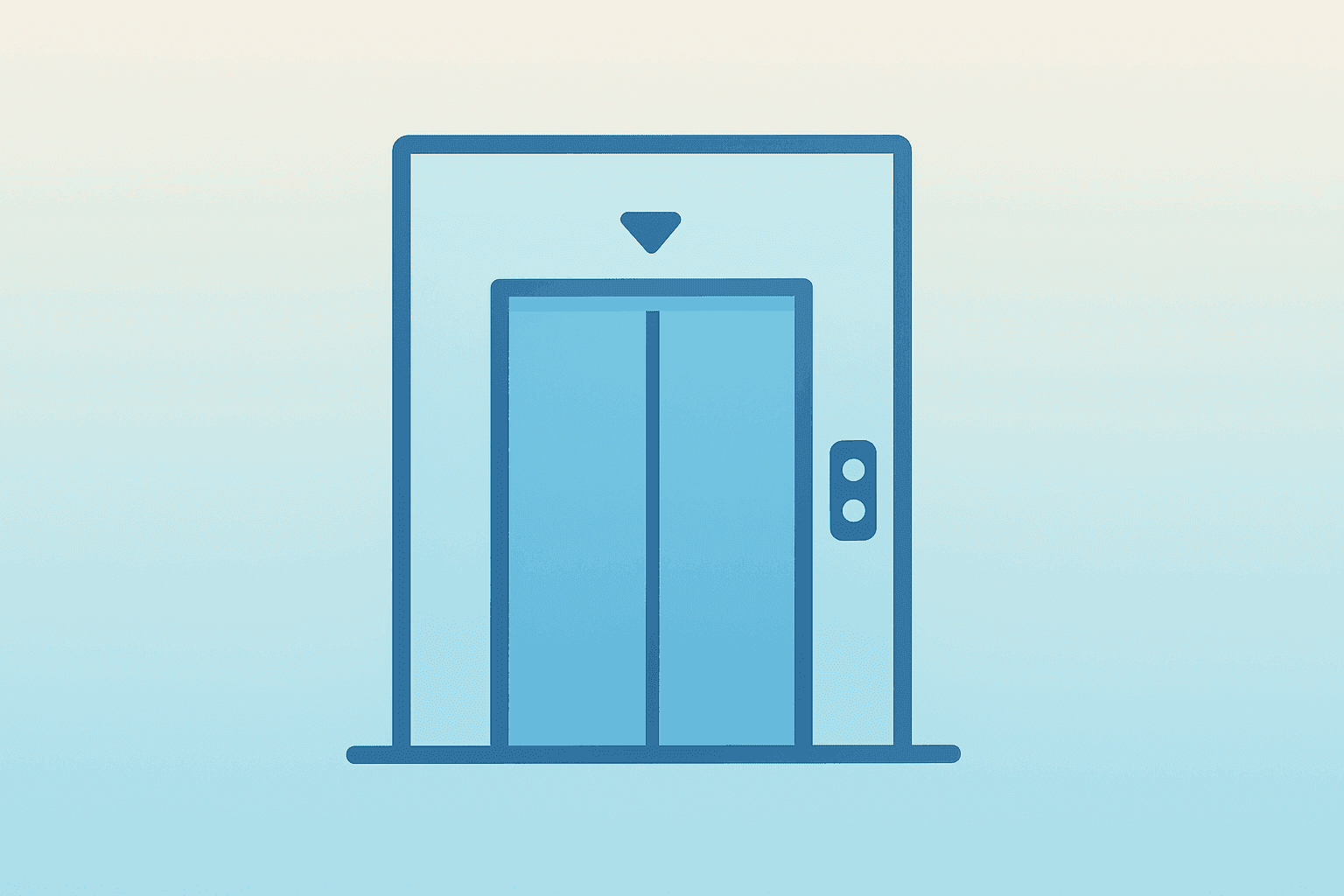 Flat-vector elevator cab merging into a larger shaft to symbolize KONE to Acquire TK Elevator and post-deal governance shift.