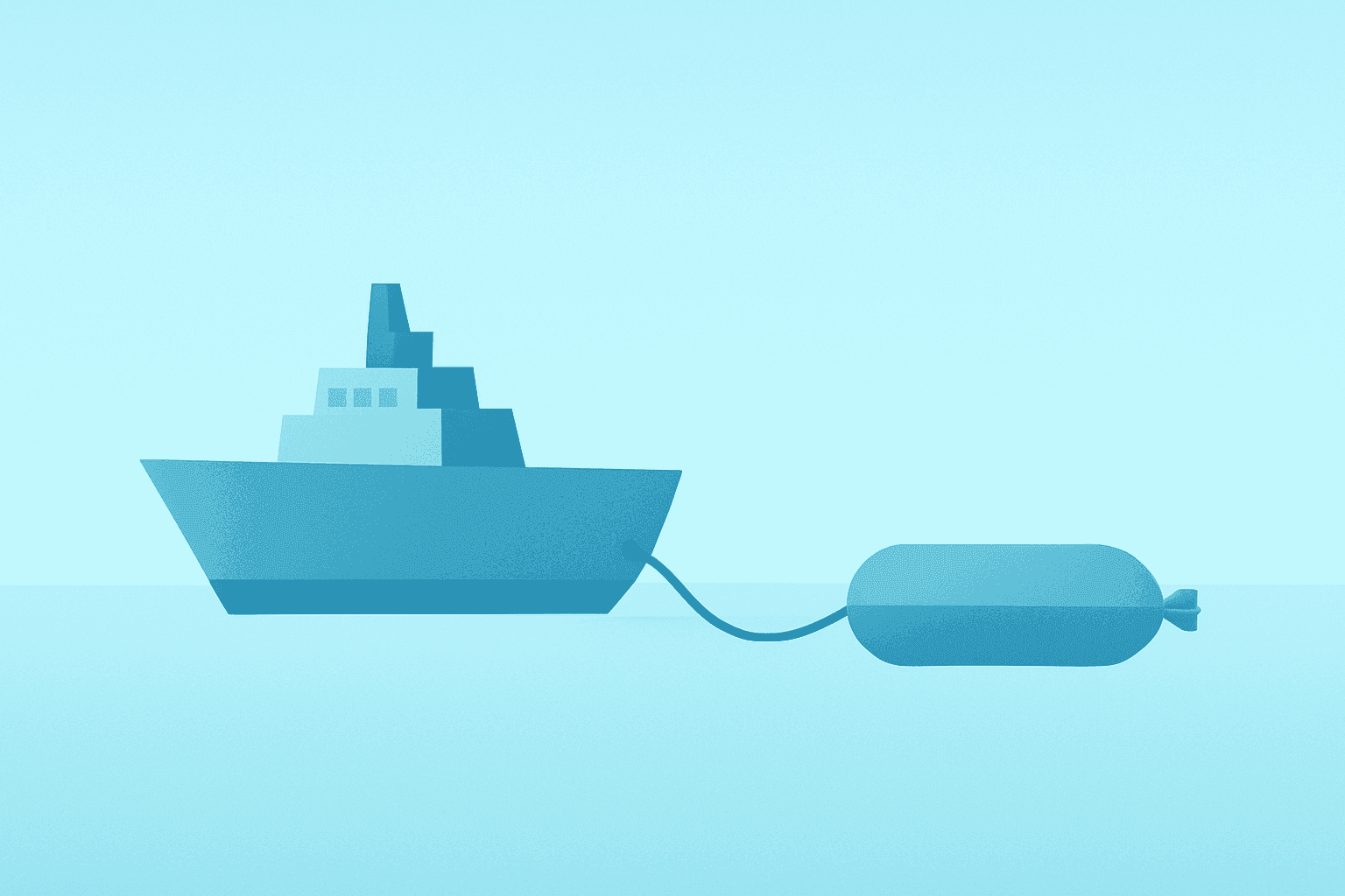 Flat vector of a sonar module merging with a ship hull for Lockheed Martin to Acquire Ultra Maritime and ASW expansion.