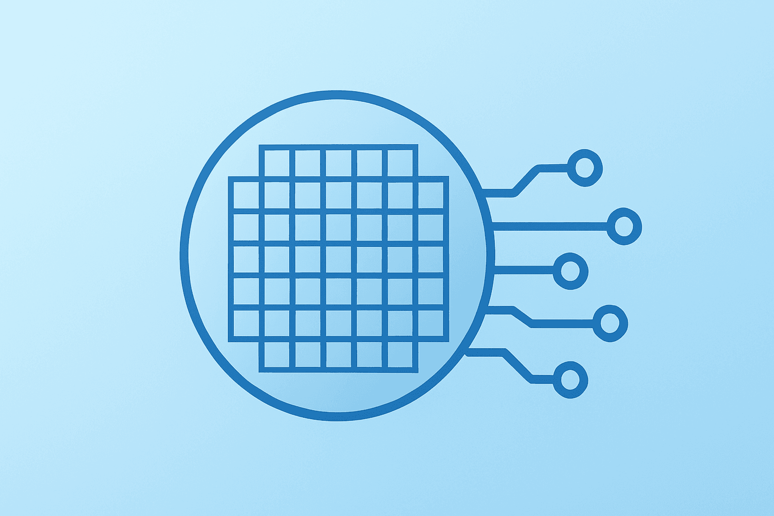 Flat vector of a semiconductor wafer stack expanding circuits to represent KLA earnings, violet-mist gradient, shadow lift