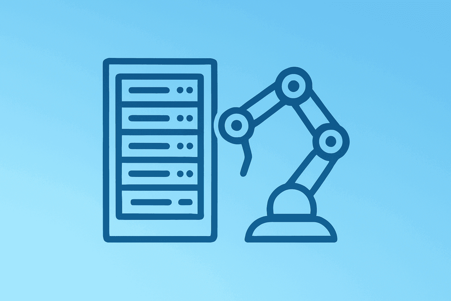 Flat filled vector of a server rack fused with a robotic arm symbolizing NVIDIA Japan AI Partnerships and Vera Rubin factory.