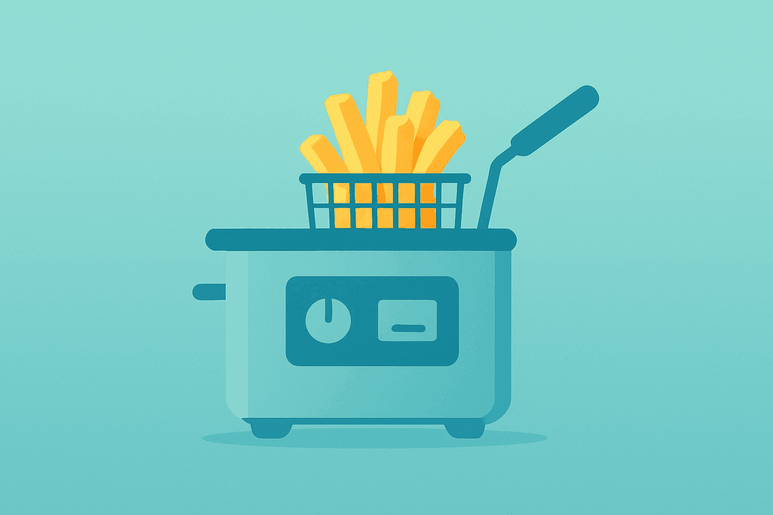 Flat filled vector of a fryer basket fused with a stacked fry cluster, evoking Lamb Weston earnings beat and dividend.